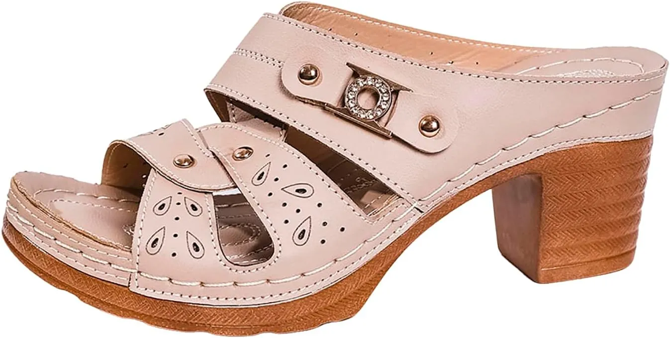 Open Toe Sandals for Women Womens Plus Size Thong Sandals With Metal Belt And High Heel In Solid Color