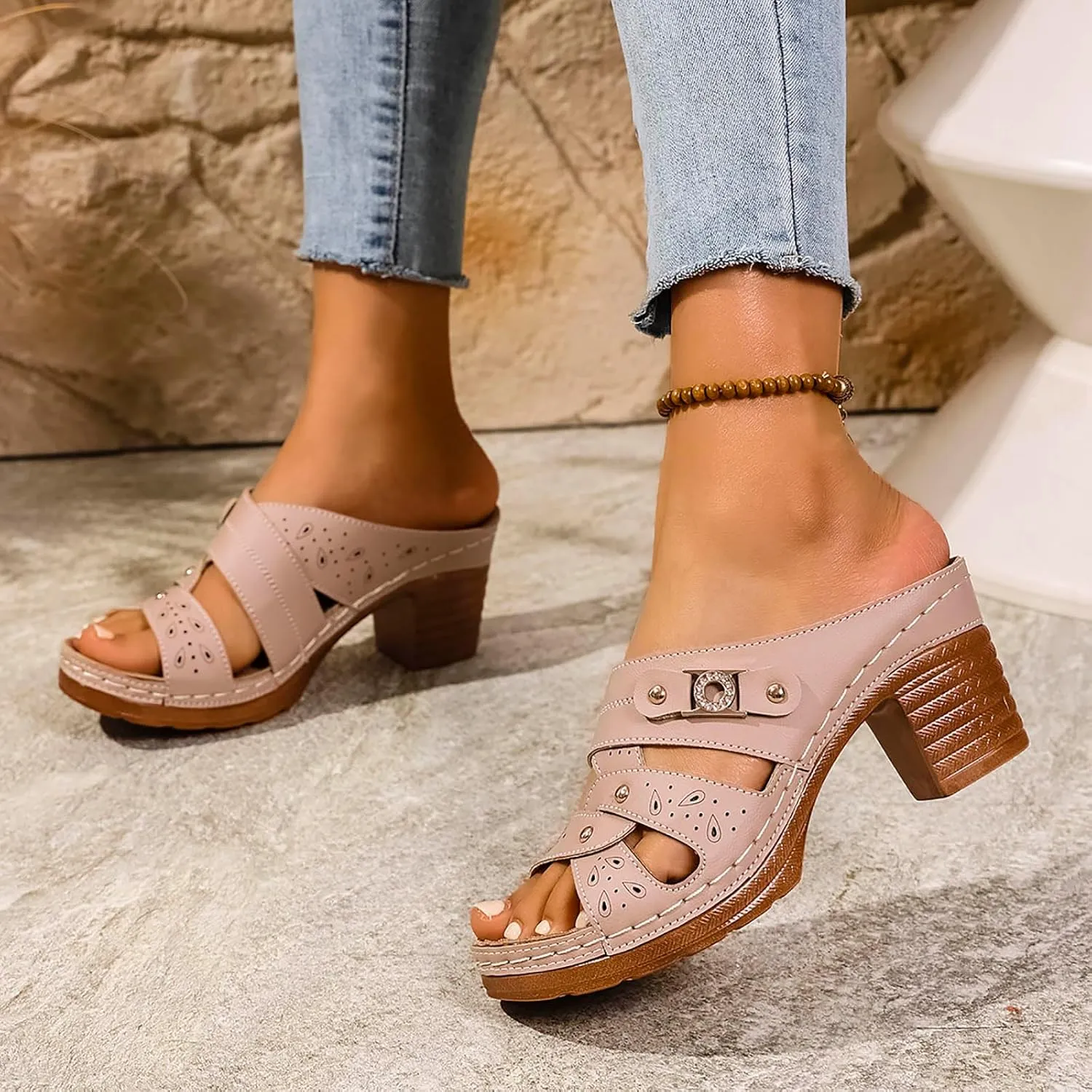 Open Toe Sandals for Women Womens Plus Size Thong Sandals With Metal Belt And High Heel In Solid Color