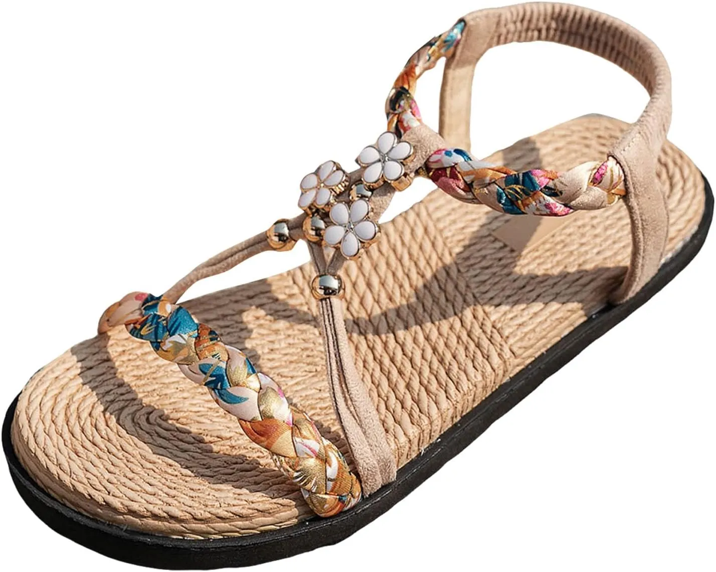 Open Toe Sandals Wedge Thick Soled Hollow Women's Shoes Flat Soled Woven Fashionable Casual Rhinestone Outer Wear