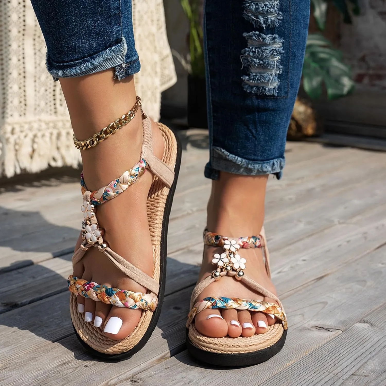 Open Toe Sandals Wedge Thick Soled Hollow Women's Shoes Flat Soled Woven Fashionable Casual Rhinestone Outer Wear