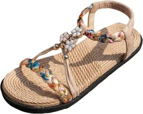 Open Toe Sandals Wedge Thick Soled Hollow Women's Shoes Flat Soled Woven Fashionable Casual Rhinestone Outer Wear
