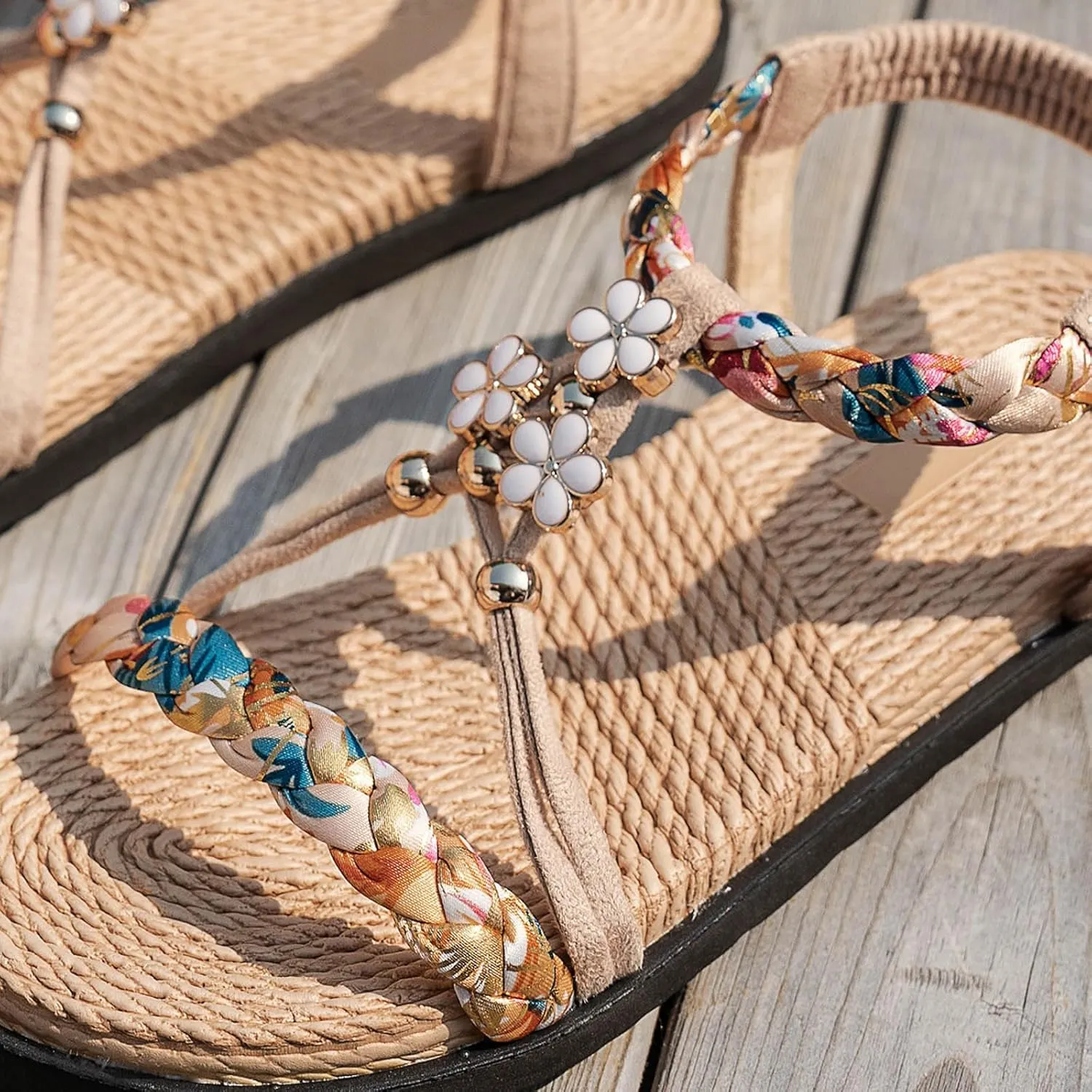 Open Toe Sandals Wedge Thick Soled Hollow Women's Shoes Flat Soled Woven Fashionable Casual Rhinestone Outer Wear