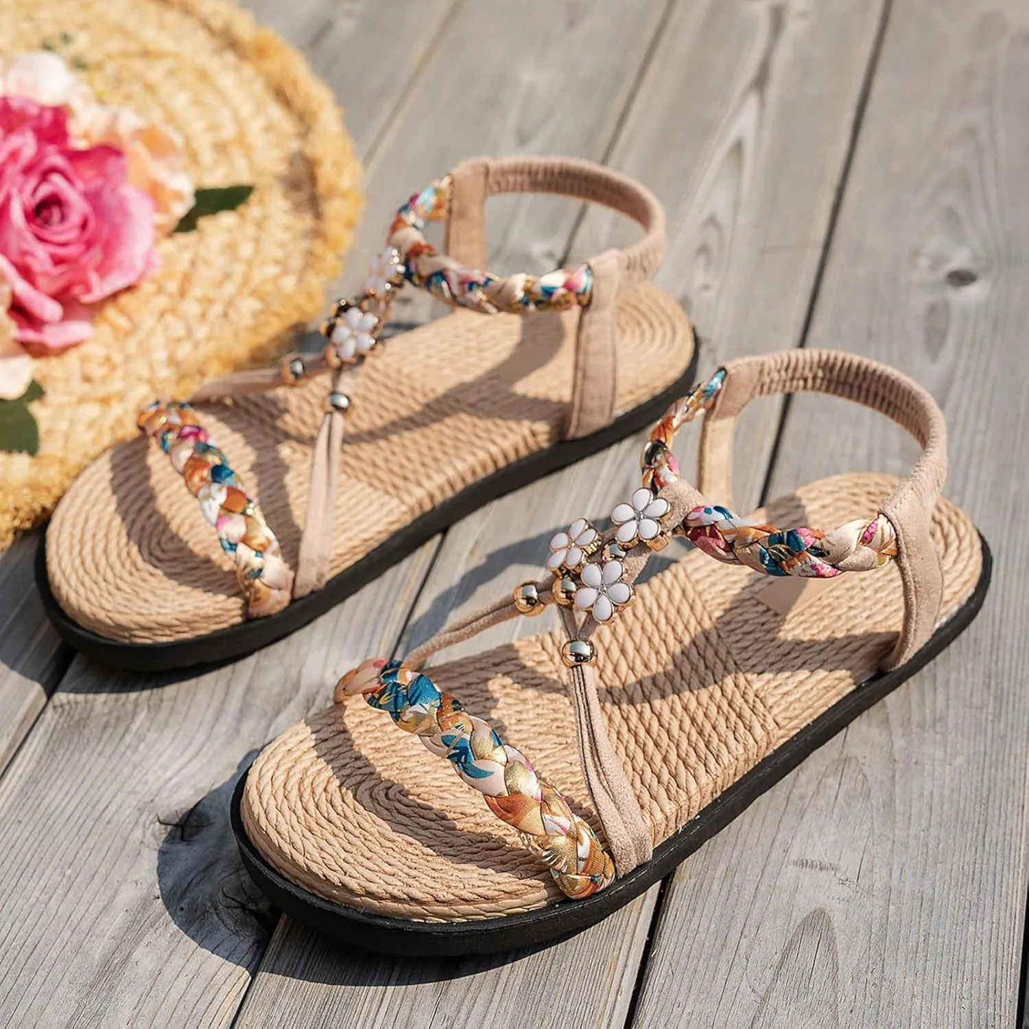 Open Toe Sandals Wedge Thick Soled Hollow Women's Shoes Flat Soled Woven Fashionable Casual Rhinestone Outer Wear