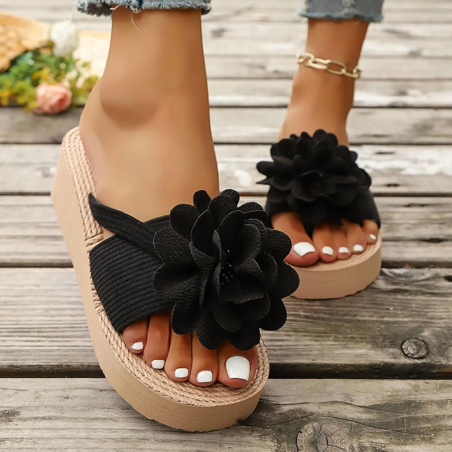 Open Toe Wedges Heels for Women New Summer Women's Slippers For Outdoor Wear Flat Fashion Bow Tie Beach Flower Sandals