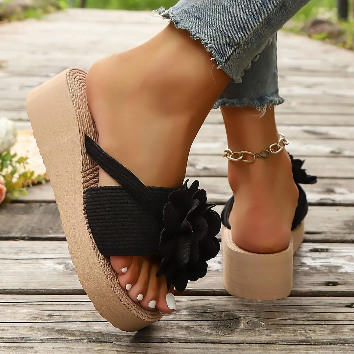 Open Toe Wedges Heels for Women New Summer Women's Slippers For Outdoor Wear Flat Fashion Bow Tie Beach Flower Sandals
