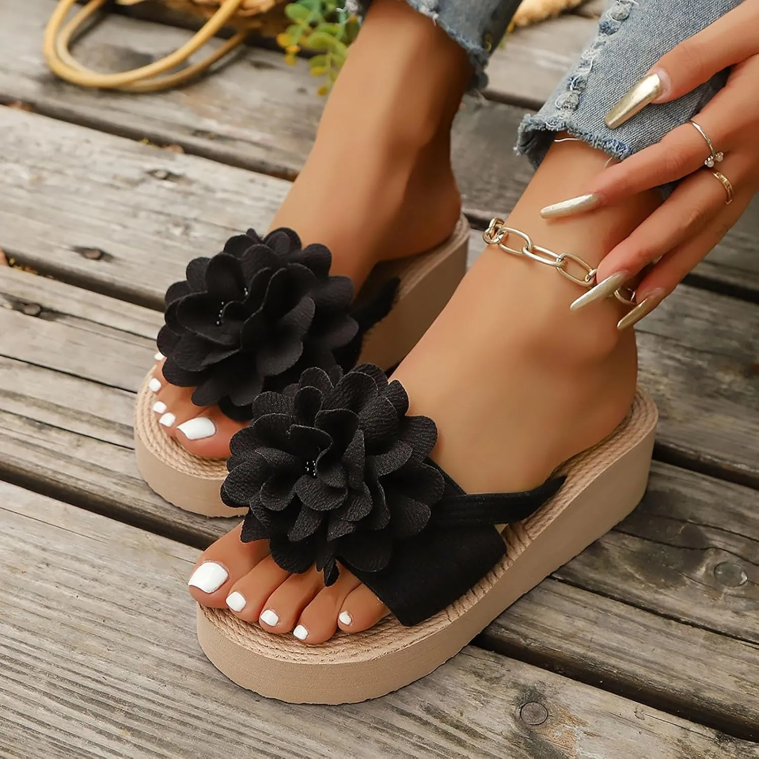 Open Toe Wedges Heels for Women New Summer Women's Slippers For Outdoor Wear Flat Fashion Bow Tie Beach Flower Sandals