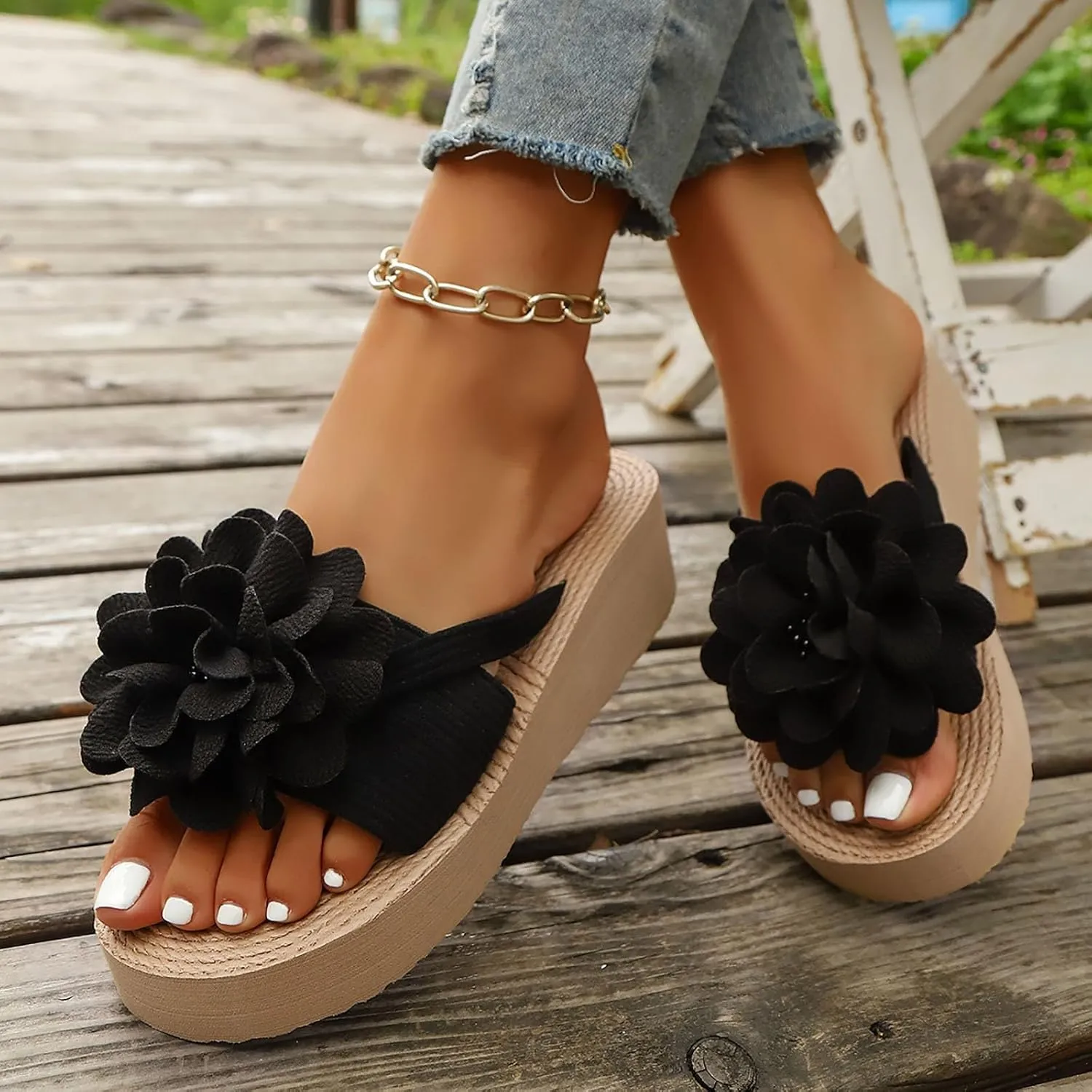 Open Toe Wedges Heels for Women New Summer Women's Slippers For Outdoor Wear Flat Fashion Bow Tie Beach Flower Sandals