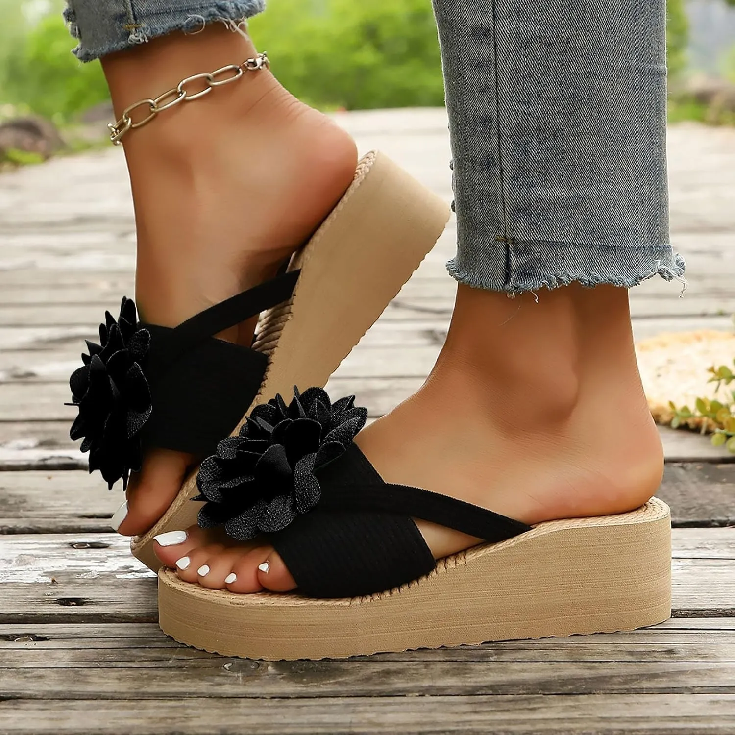 Open Toe Wedges Heels for Women New Summer Women's Slippers For Outdoor Wear Flat Fashion Bow Tie Beach Flower Sandals