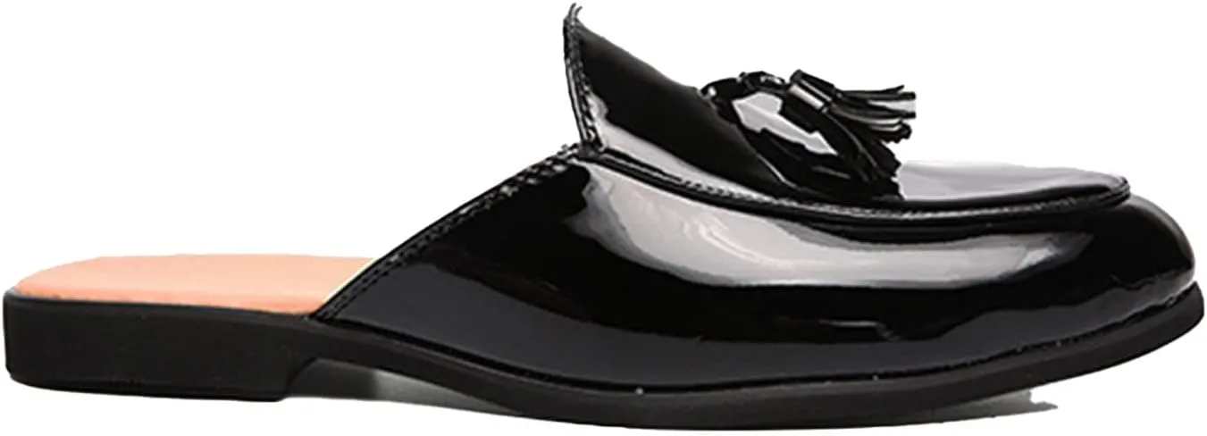 ORNVEION Men's Tassel Faux Patent Leather Flat Slip-on Mules Sandals,Fashion Lightweight Wingtip Backless Pointy Smoking Dress Slippers Classic Casual Half Loafers Sandals