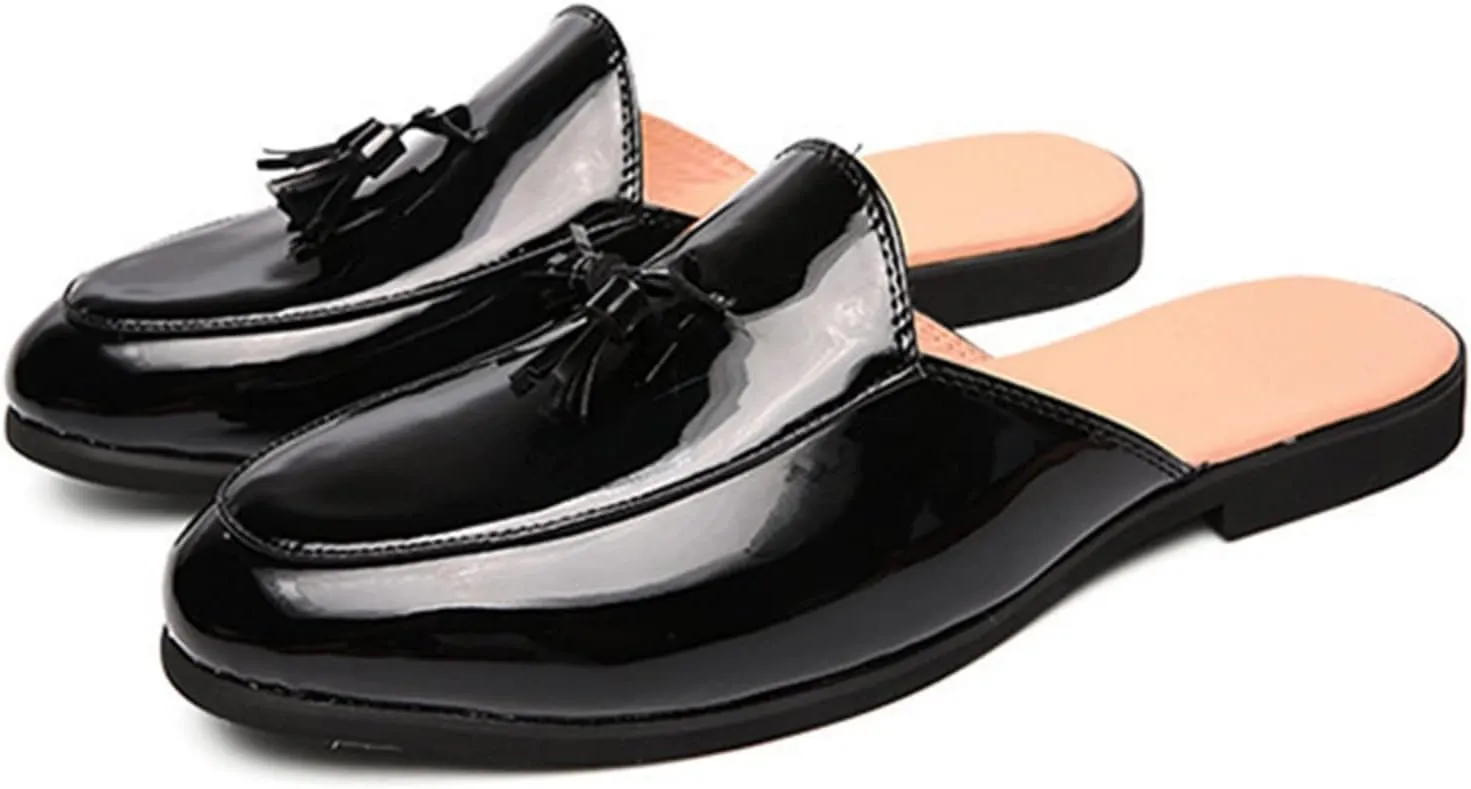 ORNVEION Men's Tassel Faux Patent Leather Flat Slip-on Mules Sandals,Fashion Lightweight Wingtip Backless Pointy Smoking Dress Slippers Classic Casual Half Loafers Sandals