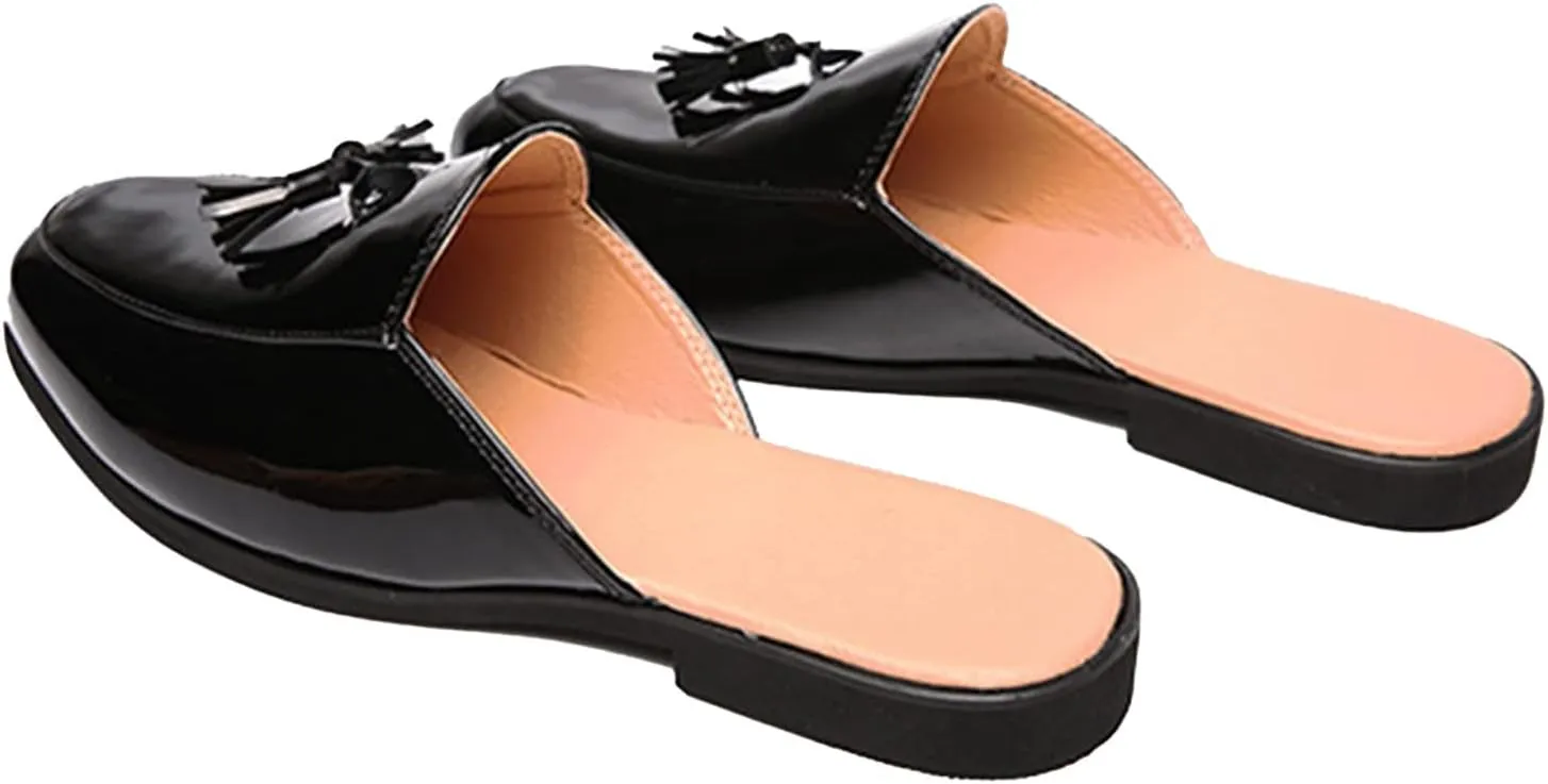 ORNVEION Men's Tassel Faux Patent Leather Flat Slip-on Mules Sandals,Fashion Lightweight Wingtip Backless Pointy Smoking Dress Slippers Classic Casual Half Loafers Sandals