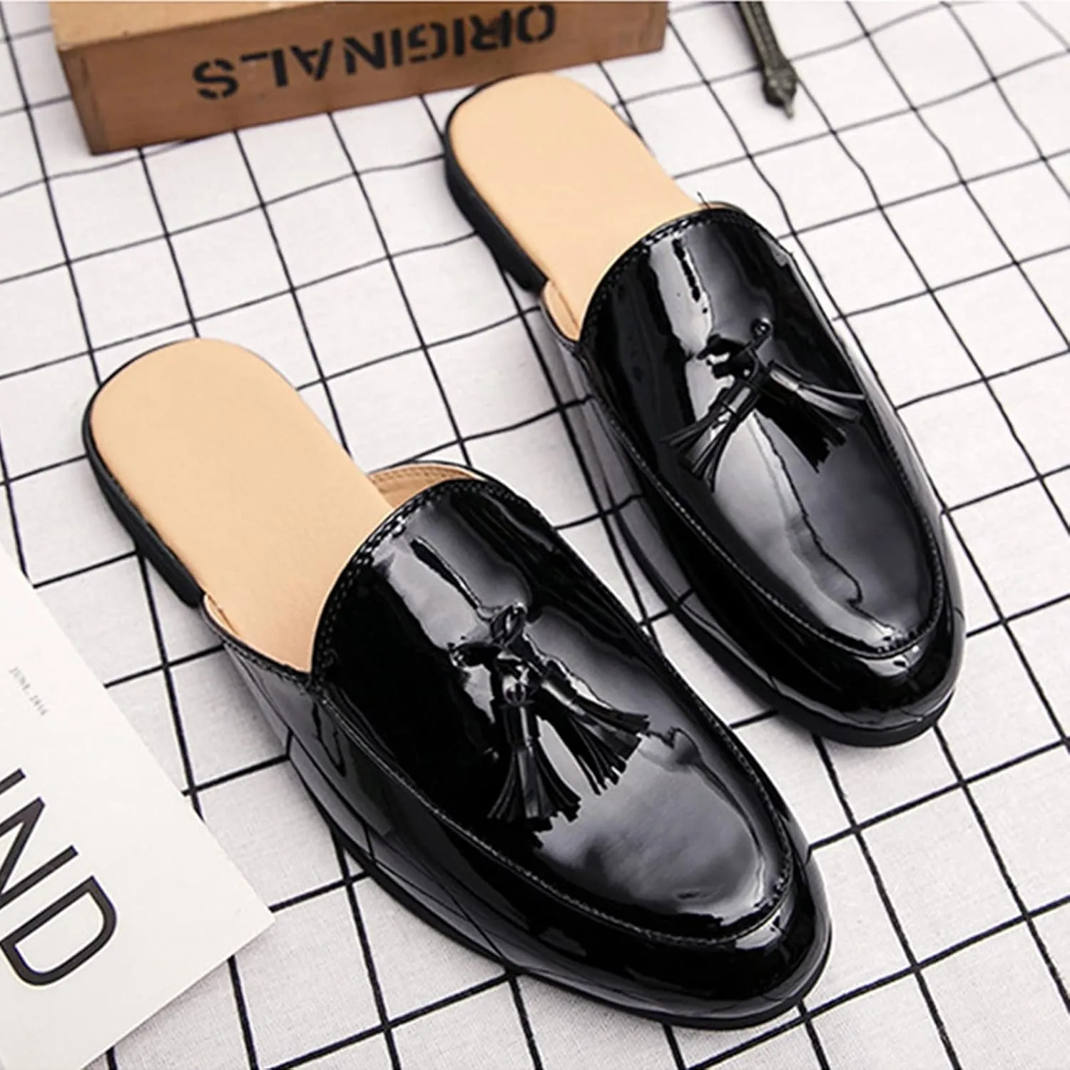 ORNVEION Men's Tassel Faux Patent Leather Flat Slip-on Mules Sandals,Fashion Lightweight Wingtip Backless Pointy Smoking Dress Slippers Classic Casual Half Loafers Sandals