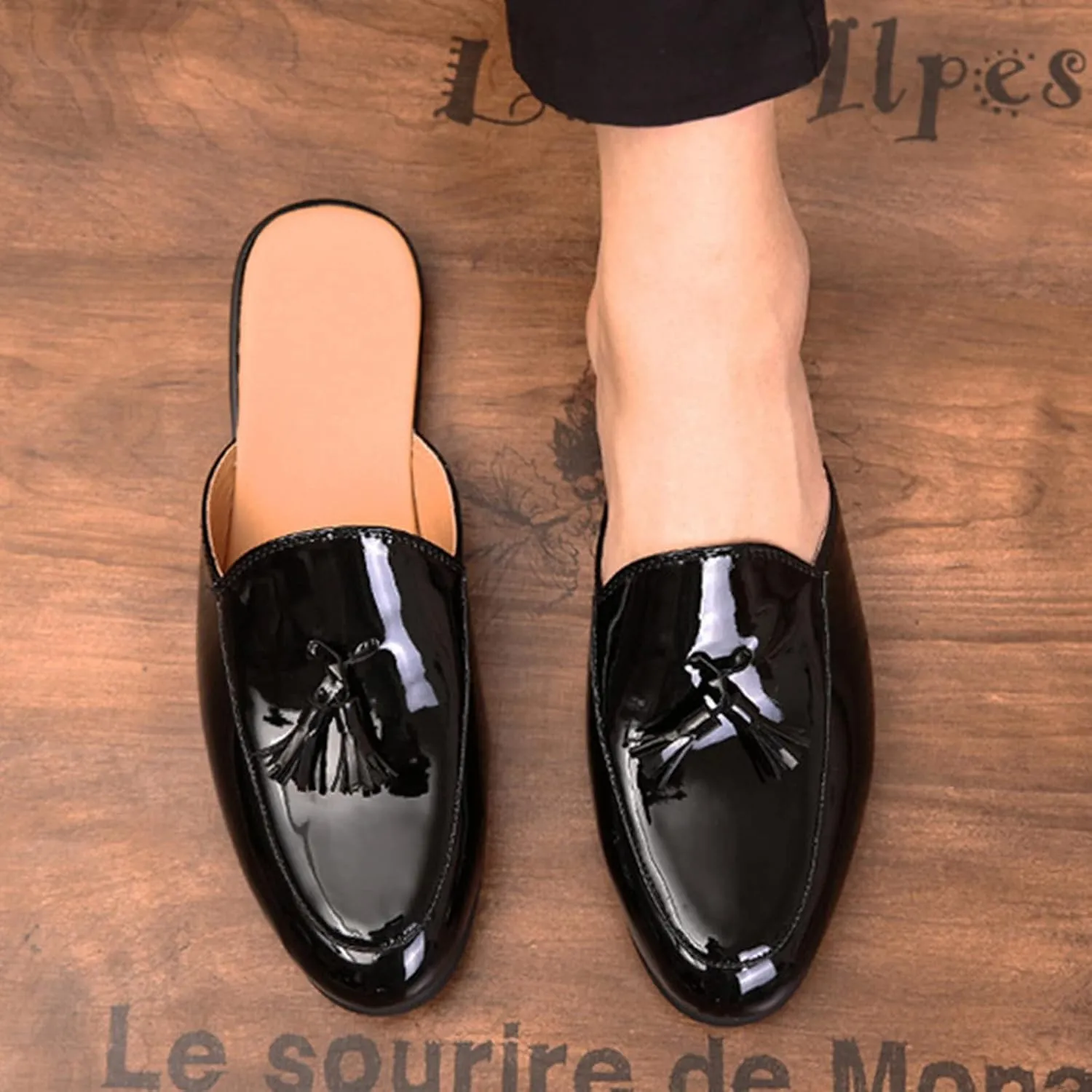 ORNVEION Men's Tassel Faux Patent Leather Flat Slip-on Mules Sandals,Fashion Lightweight Wingtip Backless Pointy Smoking Dress Slippers Classic Casual Half Loafers Sandals