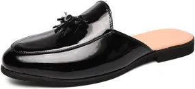 ORNVEION Men's Tassel Faux Patent Leather Flat Slip-on Mules Sandals,Fashion Lightweight Wingtip Backless Pointy Smoking Dress Slippers Classic Casual Half Loafers Sandals