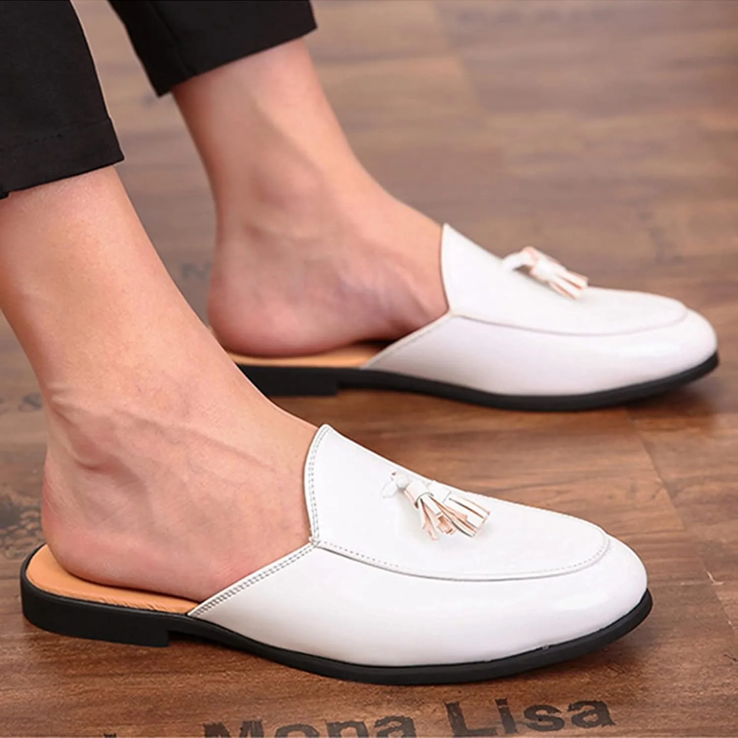 ORNVEION Men's Tassel Faux Patent Leather Flat Slip-on Mules Sandals,Fashion Lightweight Wingtip Backless Pointy Smoking Dress Slippers Classic Casual Half Loafers Sandals