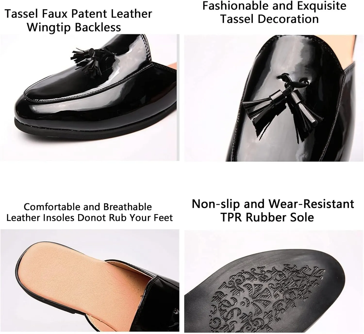 ORNVEION Men's Tassel Faux Patent Leather Flat Slip-on Mules Sandals,Fashion Lightweight Wingtip Backless Pointy Smoking Dress Slippers Classic Casual Half Loafers Sandals