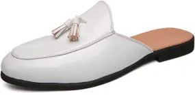 ORNVEION Men's Tassel Faux Patent Leather Flat Slip-on Mules Sandals,Fashion Lightweight Wingtip Backless Pointy Smoking Dress Slippers Classic Casual Half Loafers Sandals