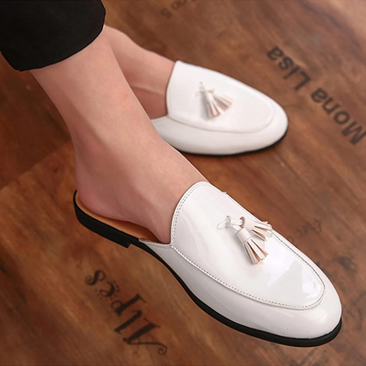 ORNVEION Men's Tassel Faux Patent Leather Flat Slip-on Mules Sandals,Fashion Lightweight Wingtip Backless Pointy Smoking Dress Slippers Classic Casual Half Loafers Sandals