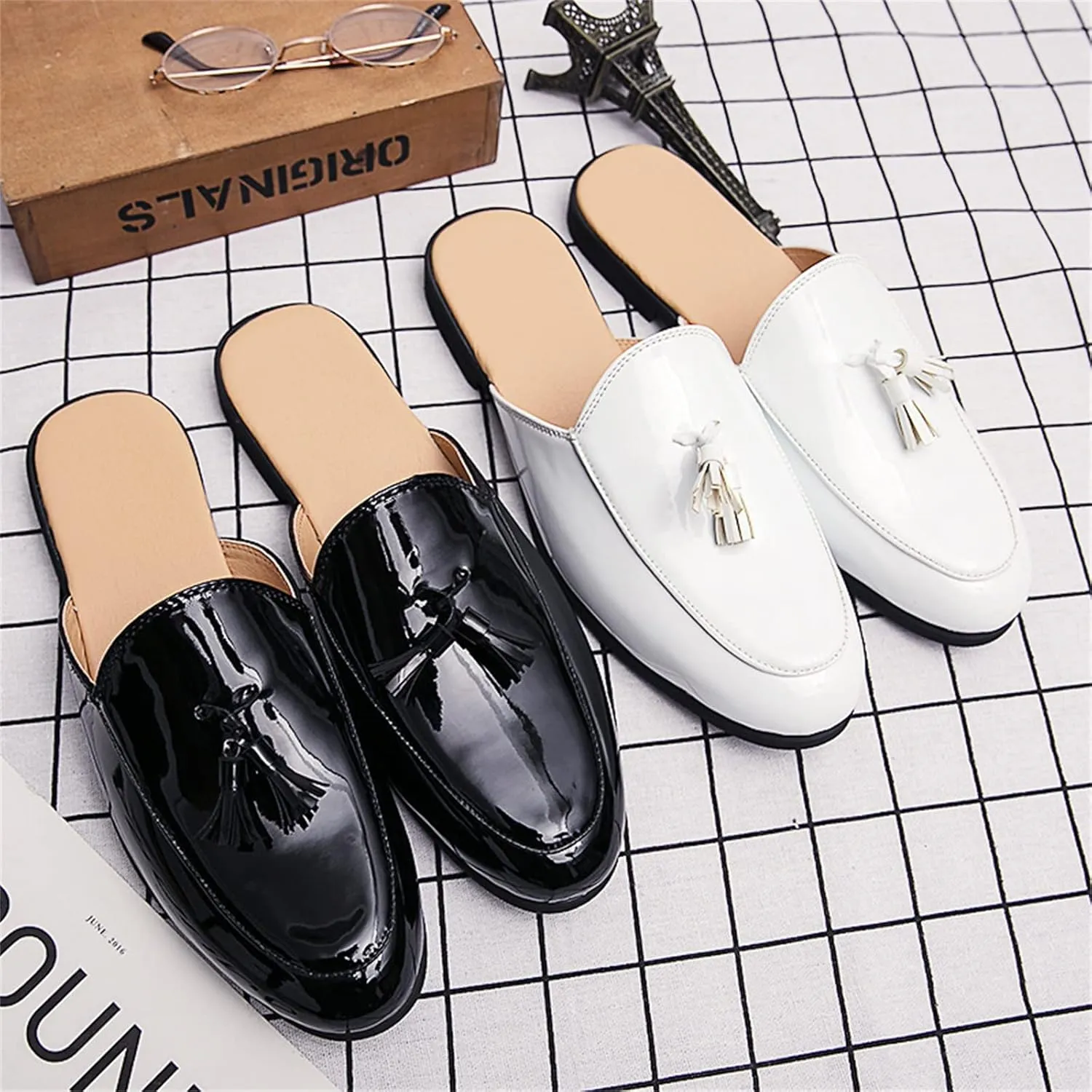ORNVEION Men's Tassel Faux Patent Leather Flat Slip-on Mules Sandals,Fashion Lightweight Wingtip Backless Pointy Smoking Dress Slippers Classic Casual Half Loafers Sandals