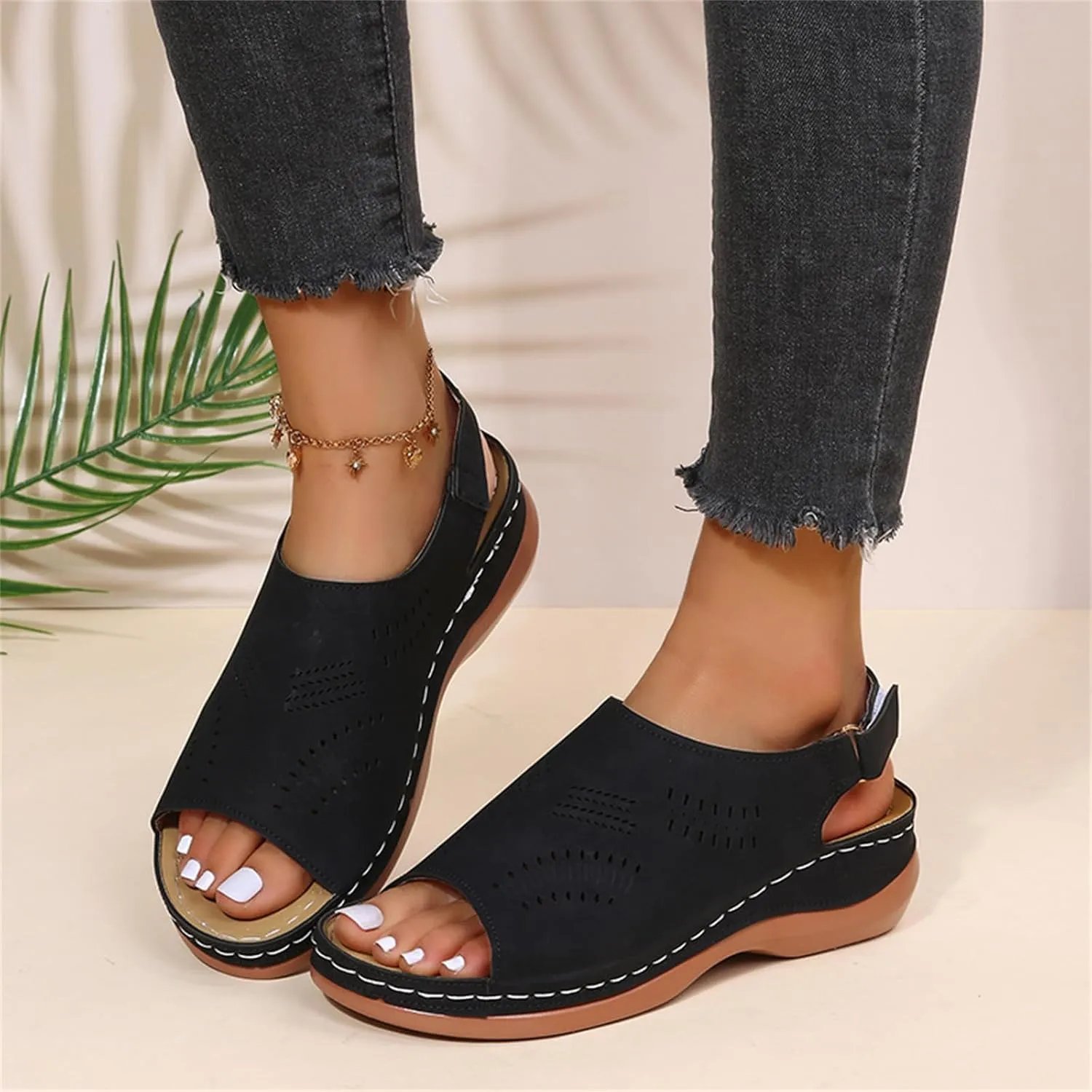 Orthopedic Sandals for Women Arch Support Sandals Women's Summer Platform Wedges, Hollow Out Ankle Strap Walking Sandal Fish Mouth Open Toe Flat Wedges Casual Comfortable Platform Shoes
