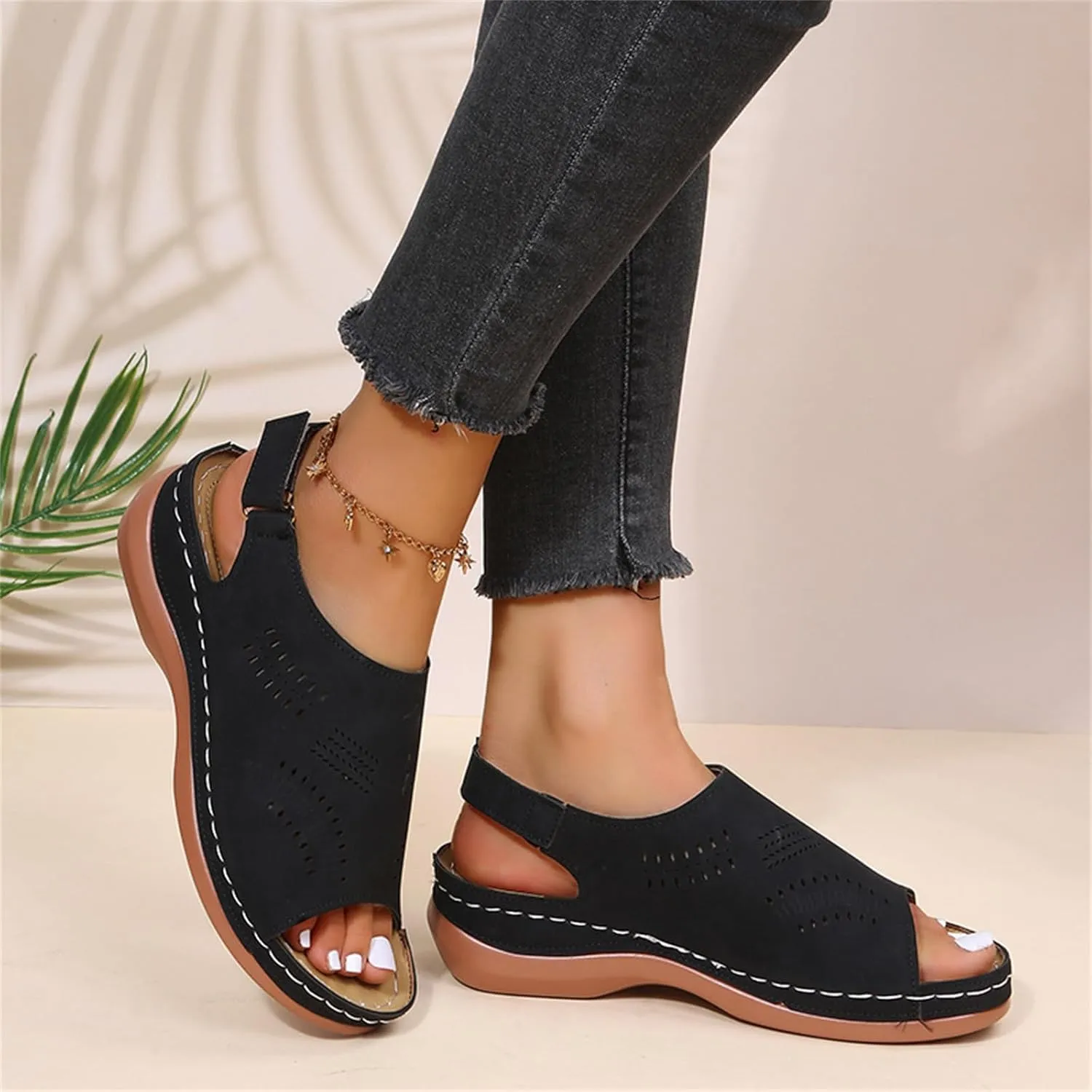 Orthopedic Sandals for Women Arch Support Sandals Women's Summer Platform Wedges, Hollow Out Ankle Strap Walking Sandal Fish Mouth Open Toe Flat Wedges Casual Comfortable Platform Shoes