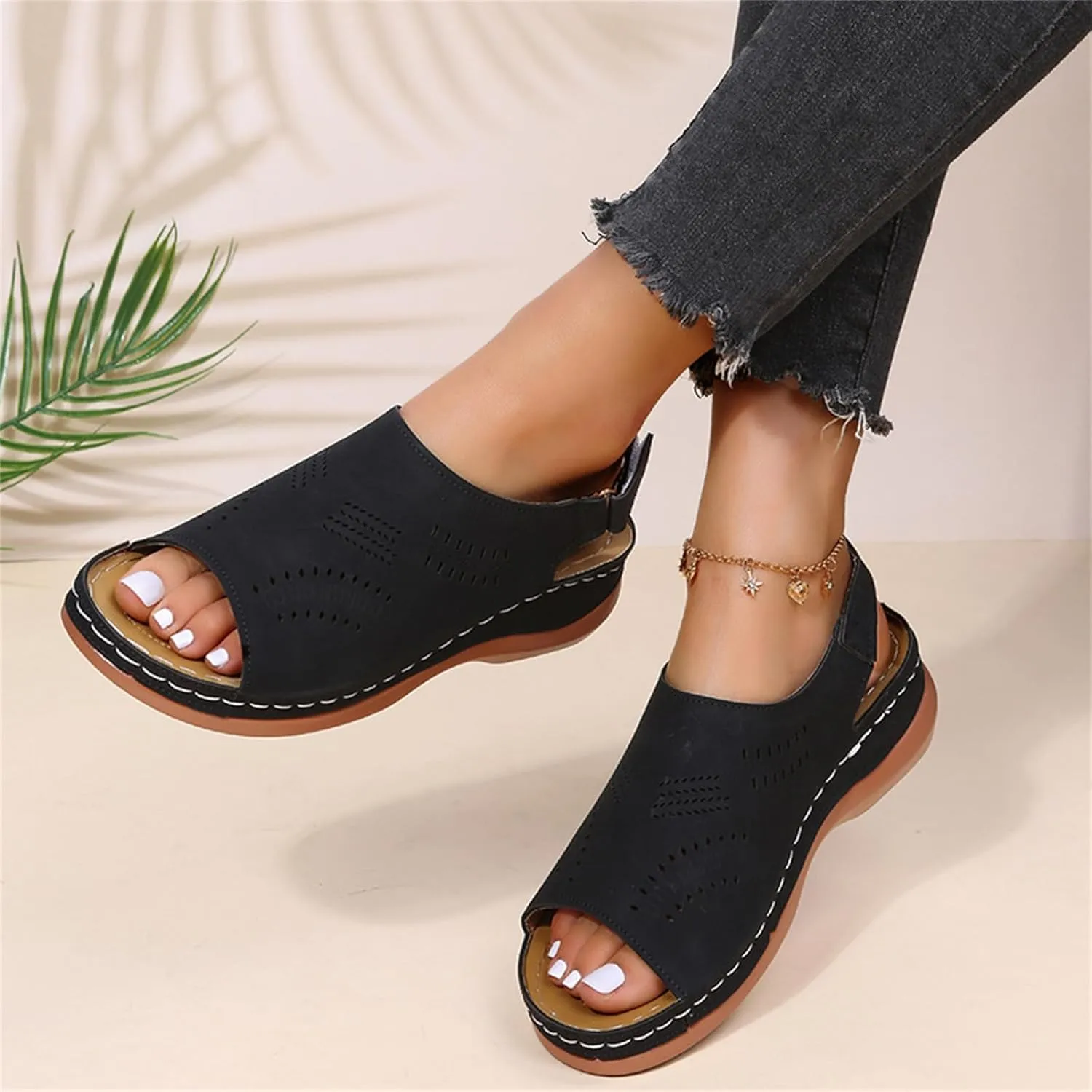 Orthopedic Sandals for Women Arch Support Sandals Women's Summer Platform Wedges, Hollow Out Ankle Strap Walking Sandal Fish Mouth Open Toe Flat Wedges Casual Comfortable Platform Shoes
