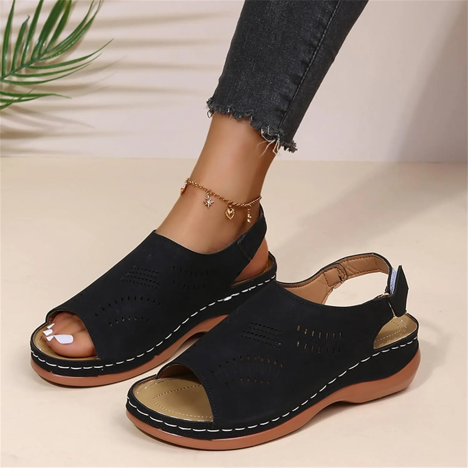 Orthopedic Sandals for Women Arch Support Sandals Women's Summer Platform Wedges, Hollow Out Ankle Strap Walking Sandal Fish Mouth Open Toe Flat Wedges Casual Comfortable Platform Shoes