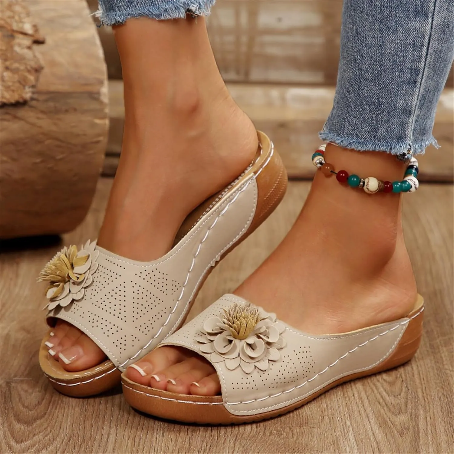 Orthopedic Sandals for Womens Chic Flowers Dressy Wedge Comfort Platform Sandal Arch Support Peep Open Toe Sandals Summer Fashion Flower Slippers Shoes Casual Slip On Comfortable Shoe
