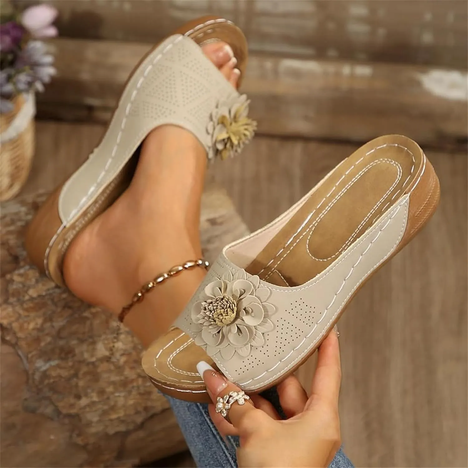 Orthopedic Sandals for Womens Chic Flowers Dressy Wedge Comfort Platform Sandal Arch Support Peep Open Toe Sandals Summer Fashion Flower Slippers Shoes Casual Slip On Comfortable Shoe