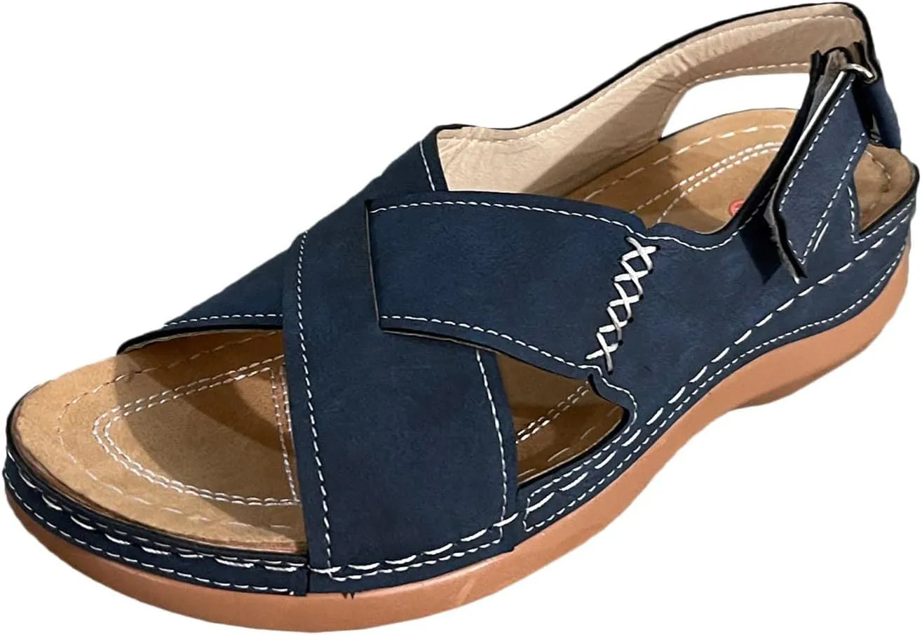 Orthopedic Wedge Sandals for Women Open Toe Cross Strap Sandals Ankle Strap Slip on Platform Wedges, Beach Casual Comfortable Walking Shoes
