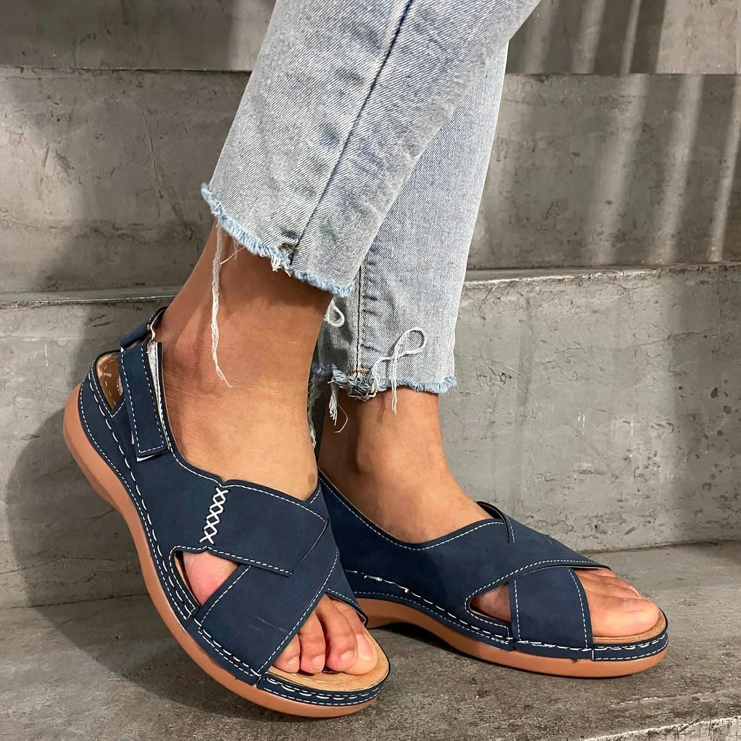 Orthopedic Wedge Sandals for Women Open Toe Cross Strap Sandals Ankle Strap Slip on Platform Wedges, Beach Casual Comfortable Walking Shoes