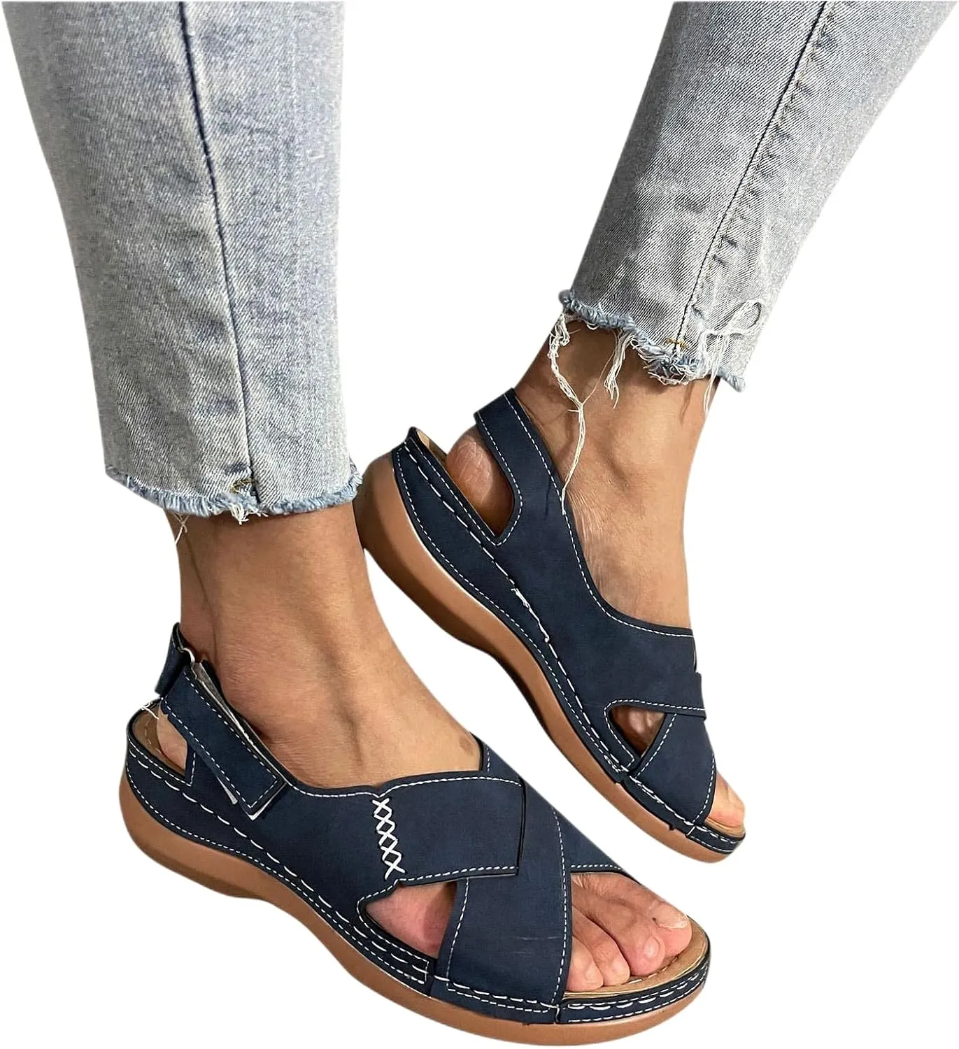 Orthopedic Wedge Sandals for Women Open Toe Cross Strap Sandals Ankle Strap Slip on Platform Wedges, Beach Casual Comfortable Walking Shoes