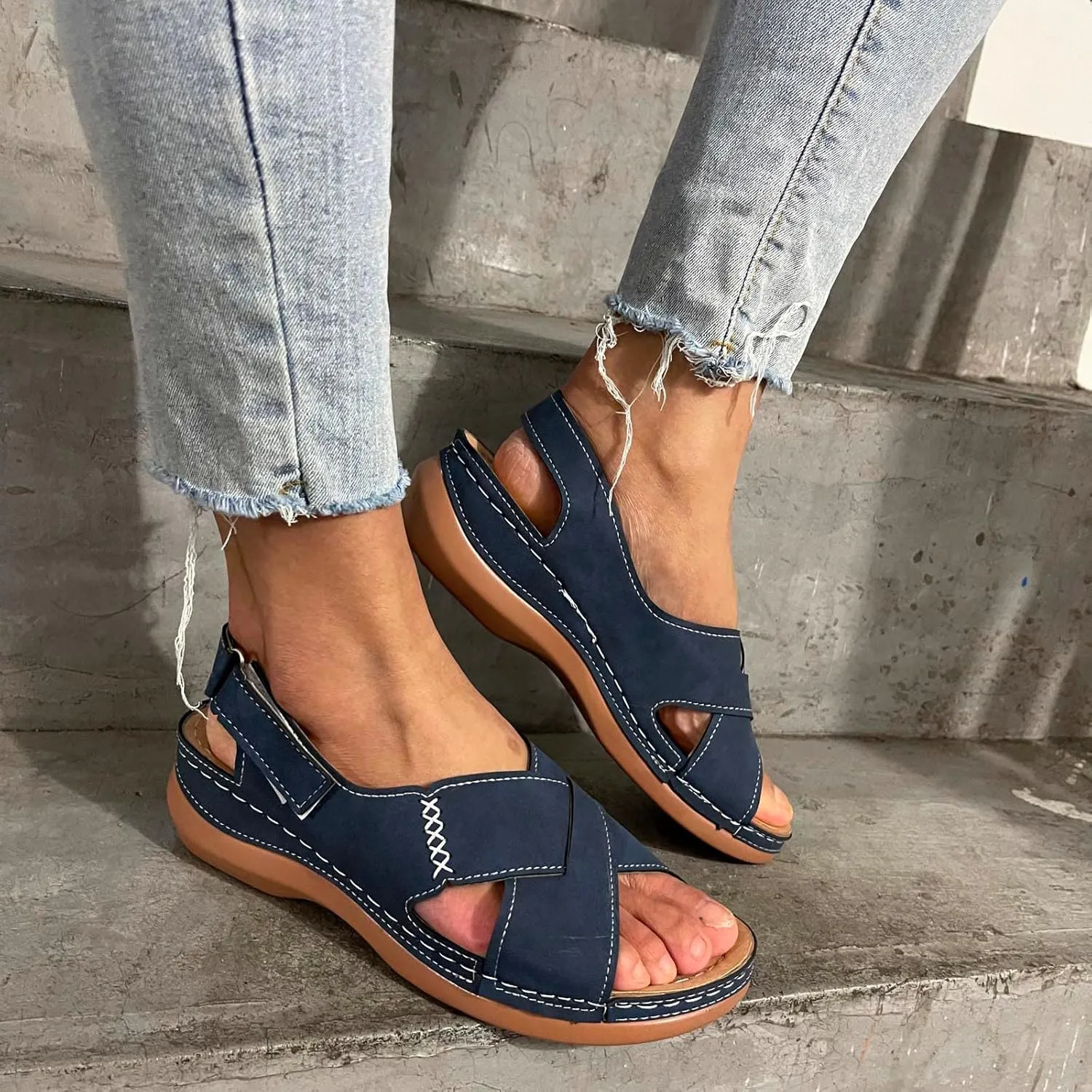 Orthopedic Wedge Sandals for Women Open Toe Cross Strap Sandals Ankle Strap Slip on Platform Wedges, Beach Casual Comfortable Walking Shoes