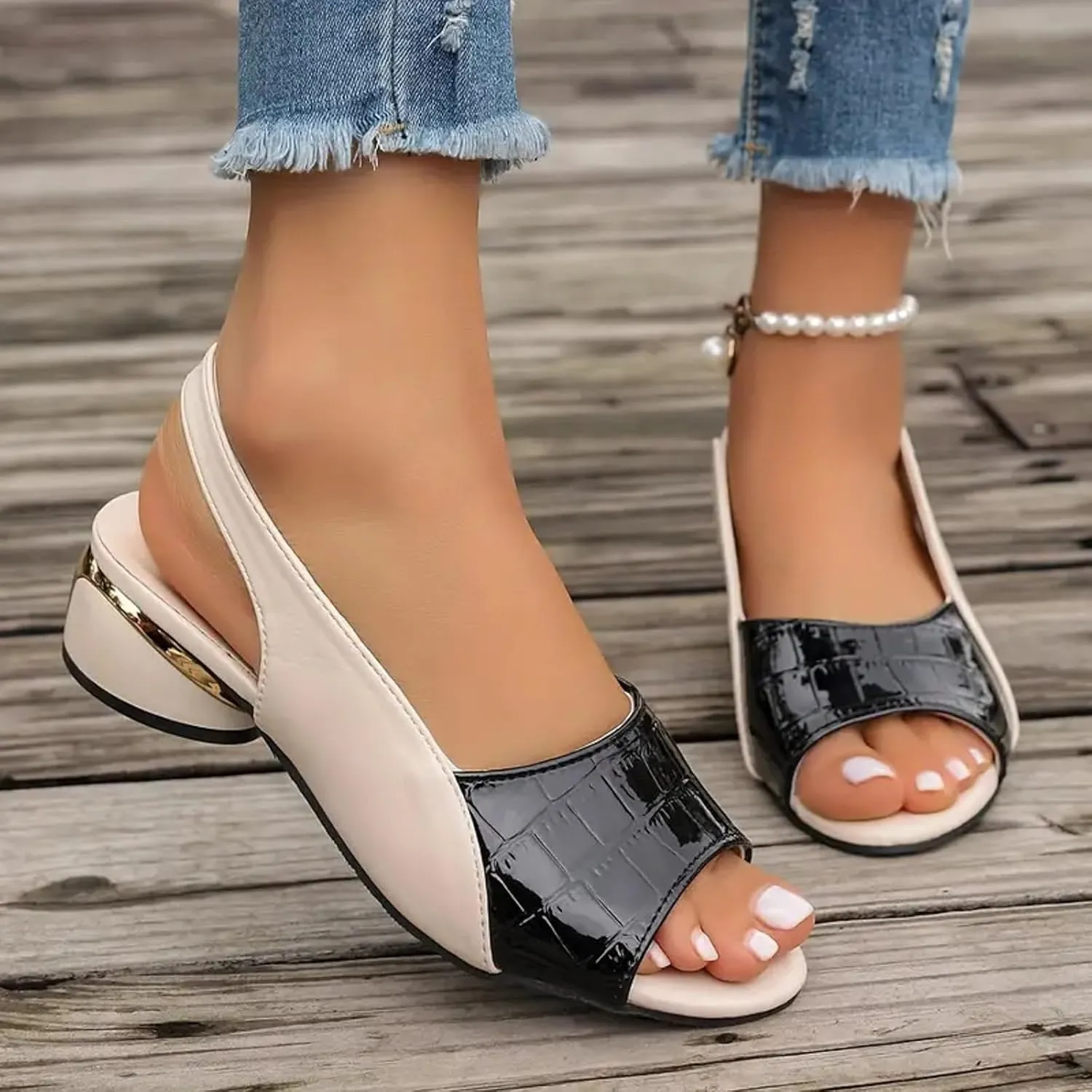 Party Dress Shoes Chunky Heel Fish Mouth Women's Sandals Fashionable Casual Outer Wear Leather Adjustable Strap Slip On