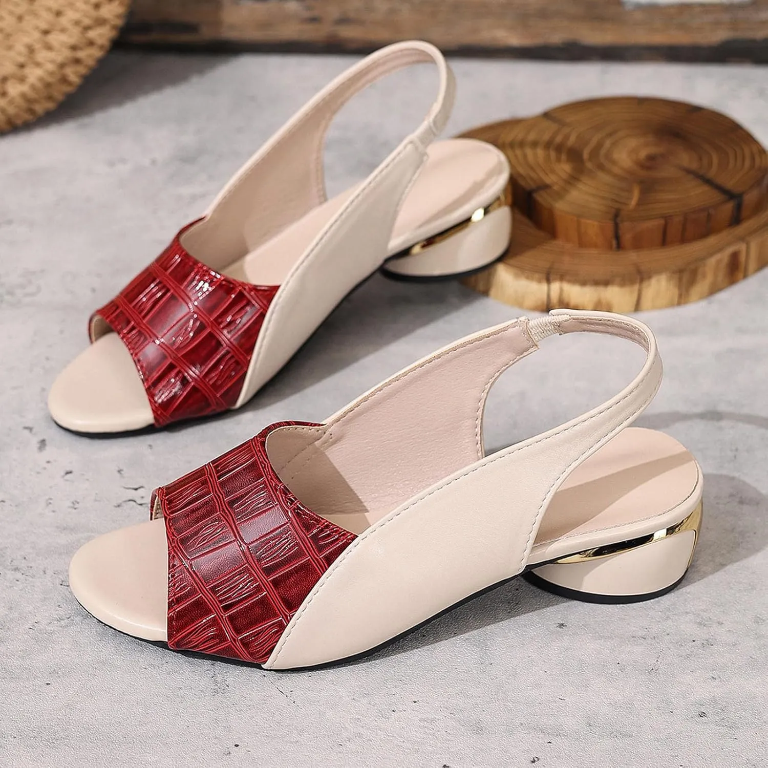Party Dress Shoes Chunky Heel Fish Mouth Women's Sandals Fashionable Casual Outer Wear Leather Adjustable Strap Slip On