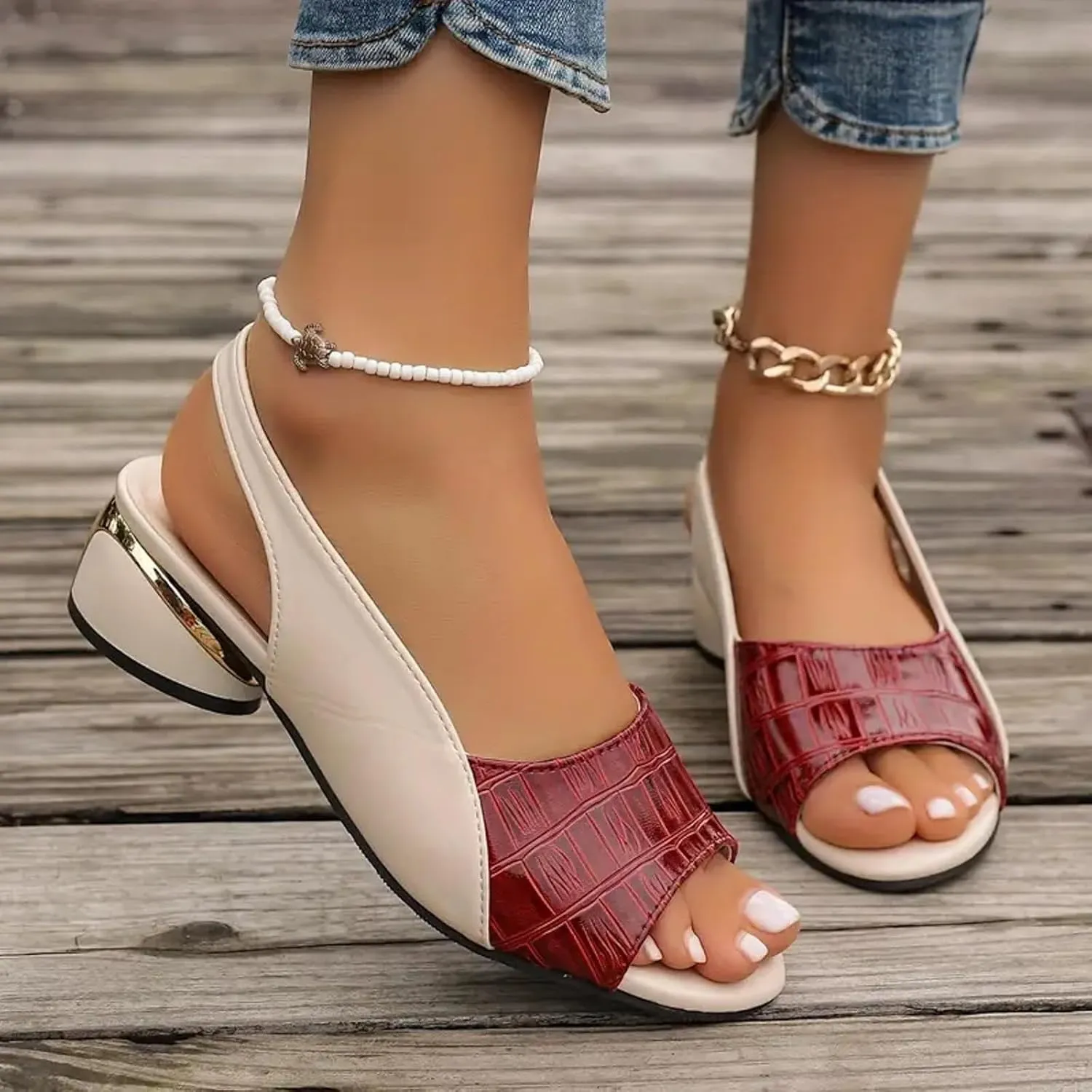 Party Dress Shoes Chunky Heel Fish Mouth Women's Sandals Fashionable Casual Outer Wear Leather Adjustable Strap Slip On