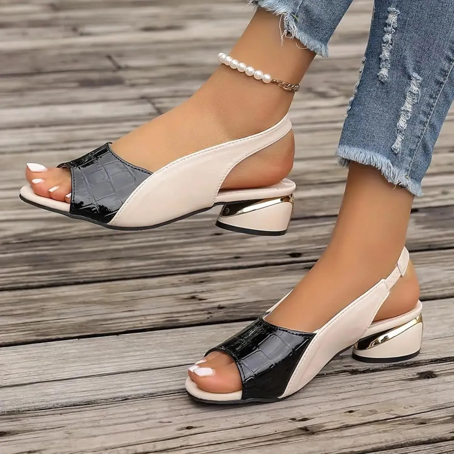 Party Dress Shoes Chunky Heel Fish Mouth Women's Sandals Fashionable Casual Outer Wear Leather Adjustable Strap Slip On
