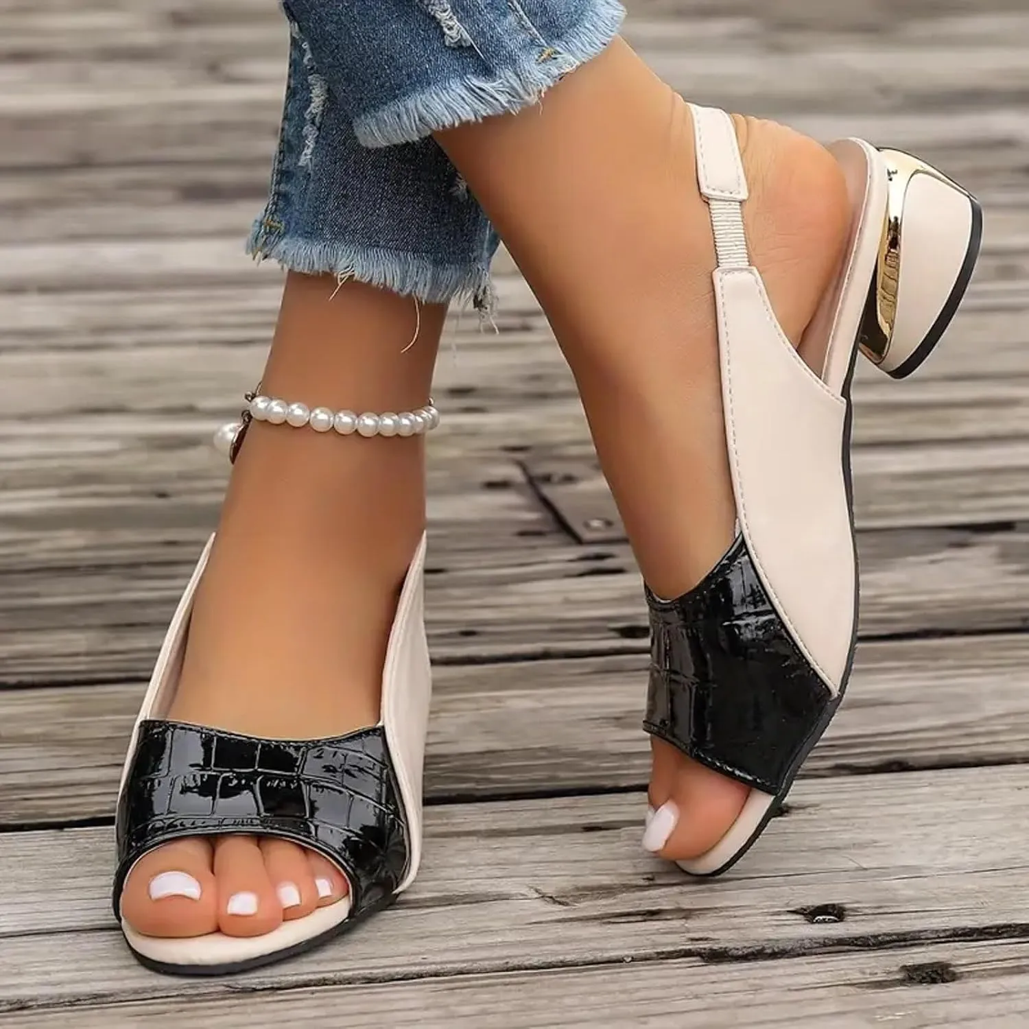 Party Dress Shoes Chunky Heel Fish Mouth Women's Sandals Fashionable Casual Outer Wear Leather Adjustable Strap Slip On