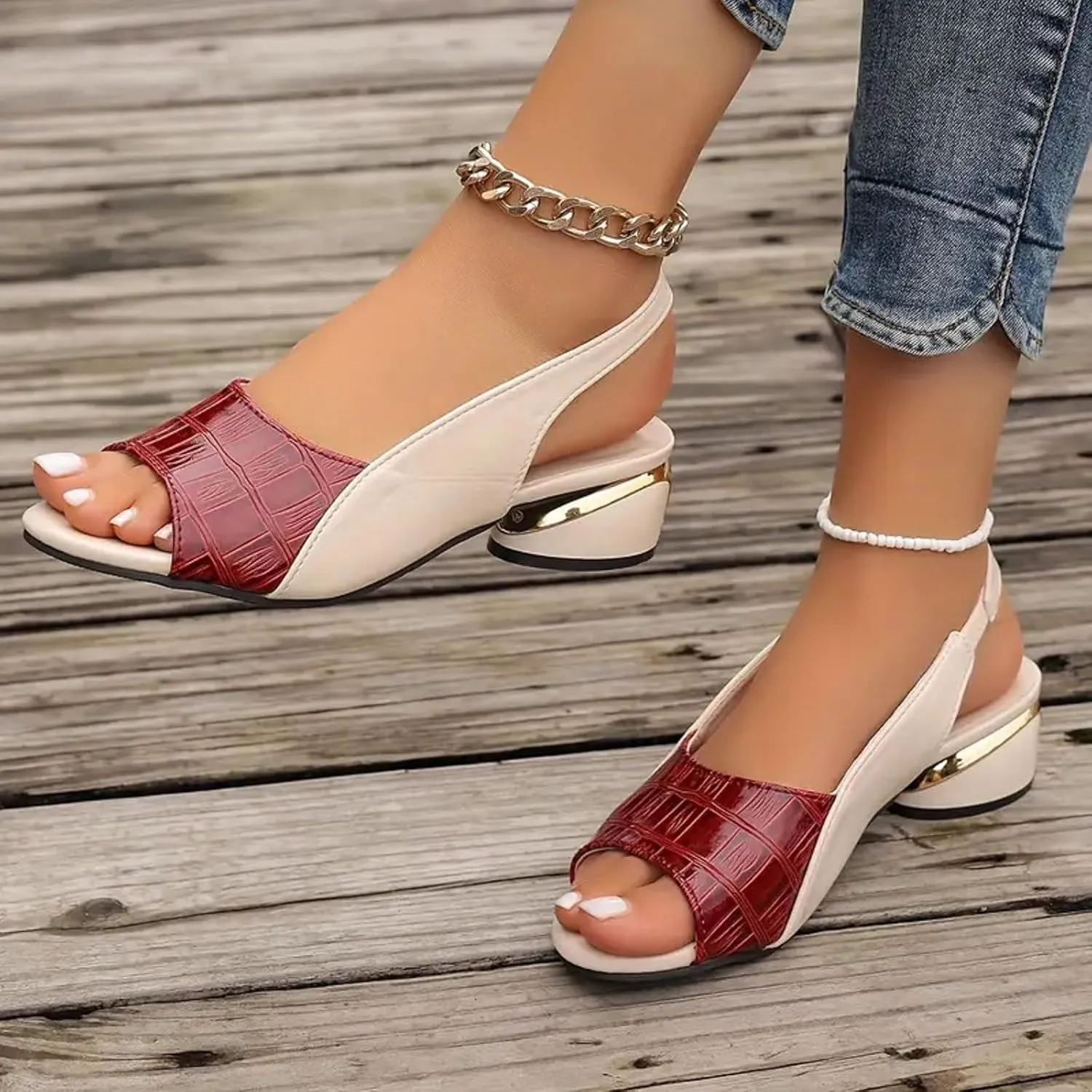 Party Dress Shoes Chunky Heel Fish Mouth Women's Sandals Fashionable Casual Outer Wear Leather Adjustable Strap Slip On