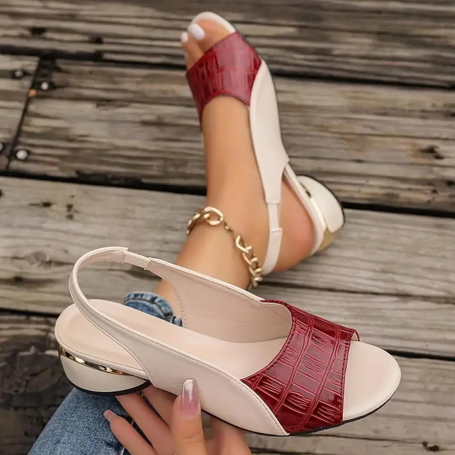 Party Dress Shoes Chunky Heel Fish Mouth Women's Sandals Fashionable Casual Outer Wear Leather Adjustable Strap Slip On
