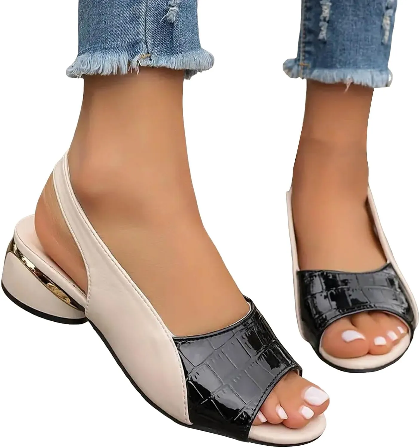 Party Dress Shoes Chunky Heel Fish Mouth Women's Sandals Fashionable Casual Outer Wear Leather Adjustable Strap Slip On