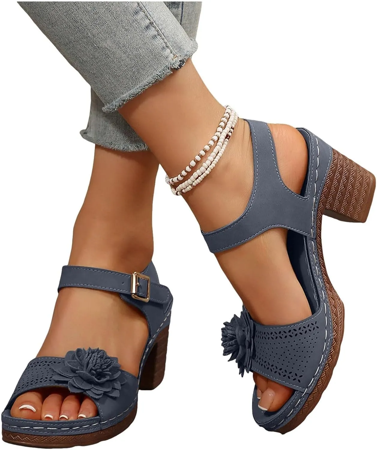 Peep Toe Sandals for Women 2025 Summer Casual Flower Hollow Out Platform Heels Sandals Breathable Sandal Comfortable Chunky Ankle Strap Wedding Shoes Dressy Outdoor Party Working Shoes 2025