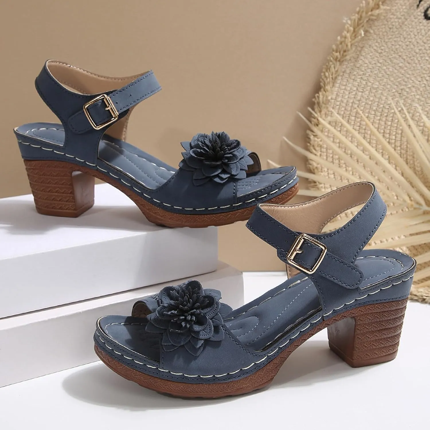 Peep Toe Sandals for Women 2025 Summer Casual Flower Hollow Out Platform Heels Sandals Breathable Sandal Comfortable Chunky Ankle Strap Wedding Shoes Dressy Outdoor Party Working Shoes 2025
