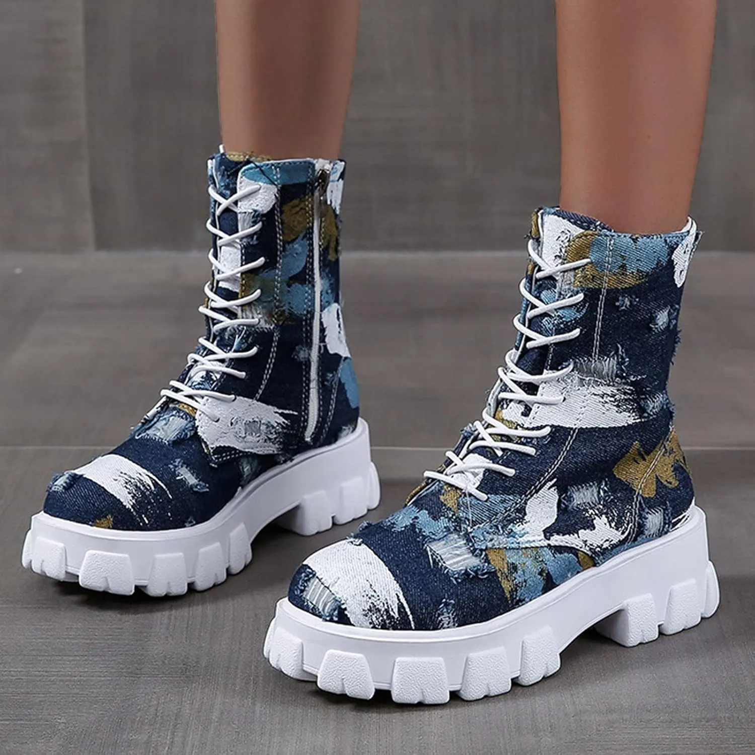 peqiut Combat Boots Womens Round Toe Lace up Platform Booties Mid Calf Boots for Lady Low Chunky Heel Booties Combat Shoes