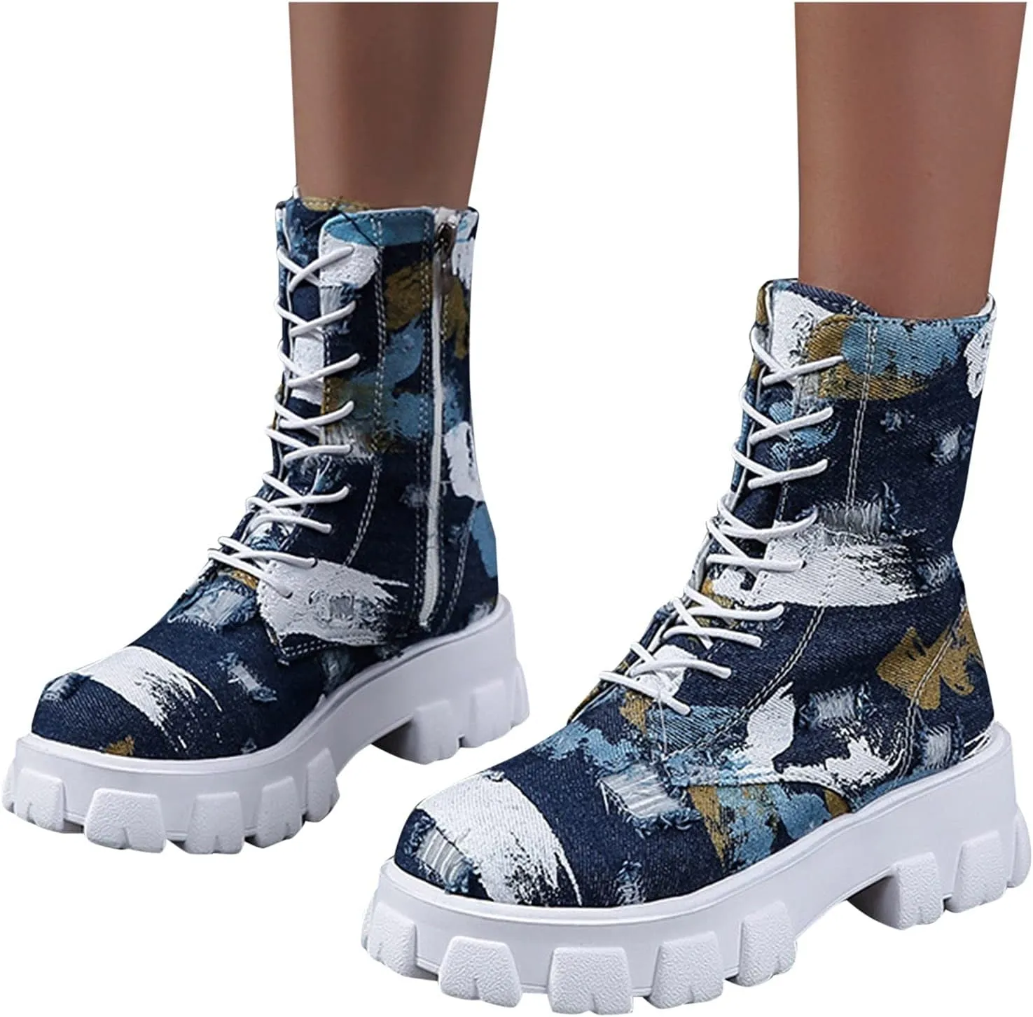 peqiut Combat Boots Womens Round Toe Lace up Platform Booties Mid Calf Boots for Lady Low Chunky Heel Booties Combat Shoes