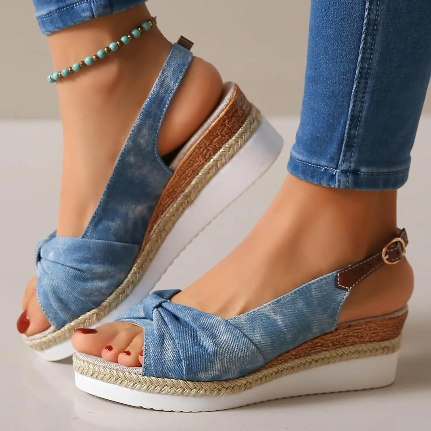 Platform Sandals Elastic Ankle Strap Rhinestone Comfortable Summer Platform Casual Dress Women Sandal