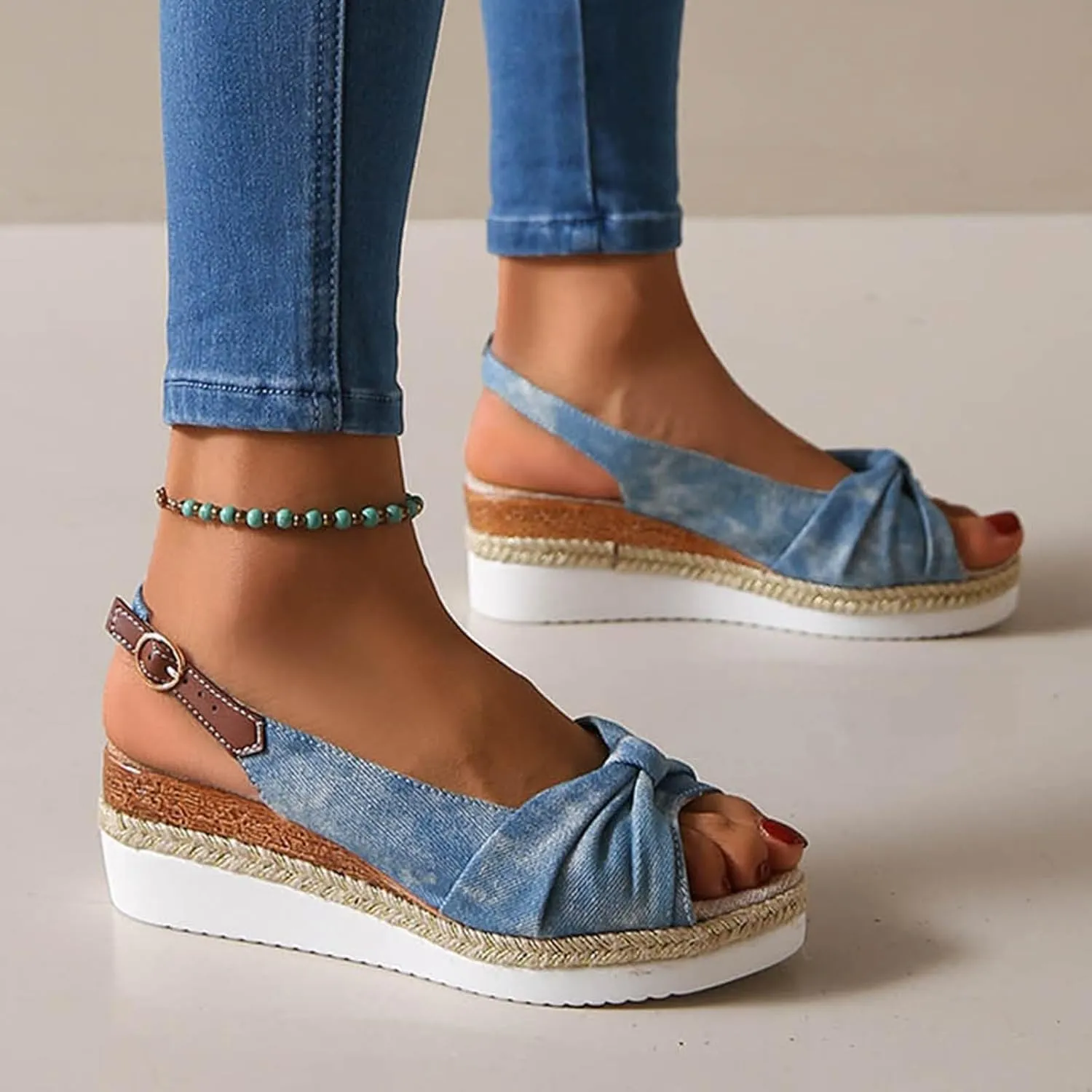 Platform Sandals Elastic Ankle Strap Rhinestone Comfortable Summer Platform Casual Dress Women Sandal