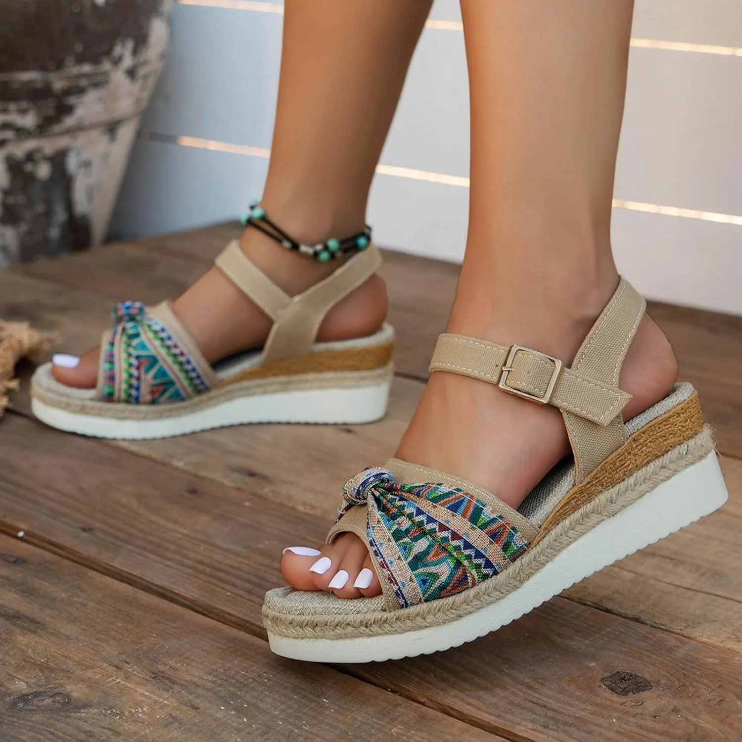 Platform Sandals Women Open Toe Buckle Ankle Strap Espadrilles Womens Casual Slip on Summer Wedge Sandals