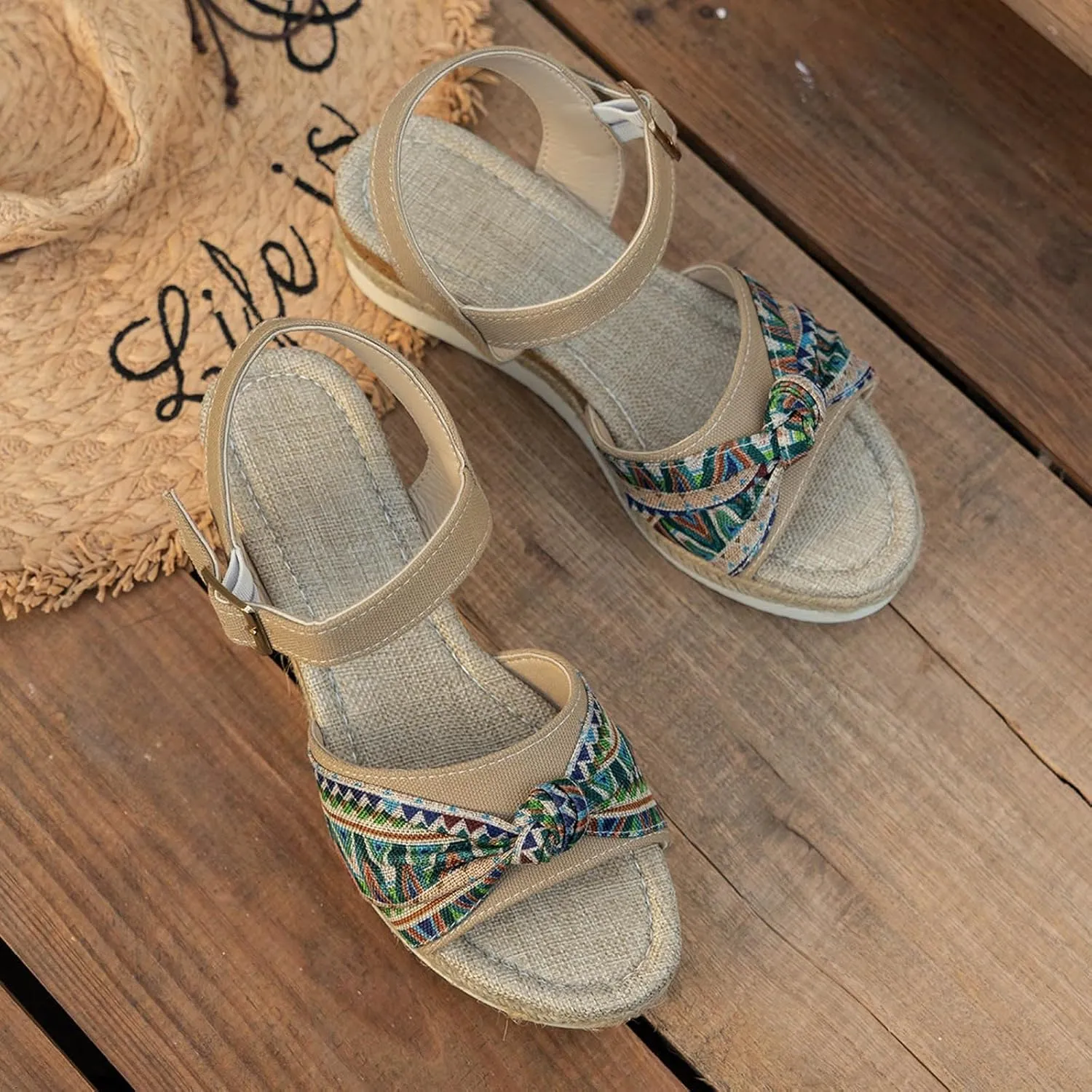 Platform Sandals Women Open Toe Buckle Ankle Strap Espadrilles Womens Casual Slip on Summer Wedge Sandals