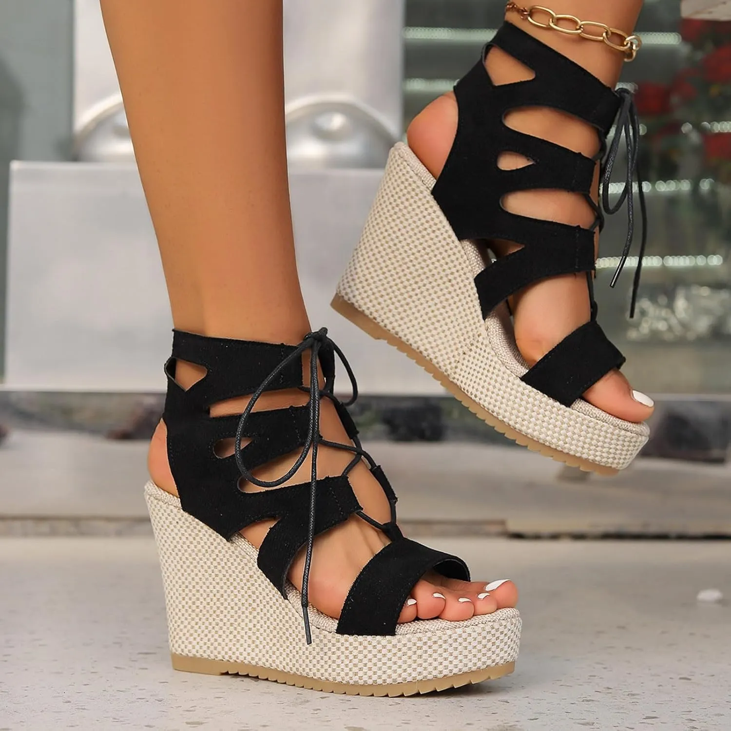 Platform Sandals Women Sandals for Women Wedges Open Toe Beach Sandals Heels Open Toe Tie Lace Up Platform